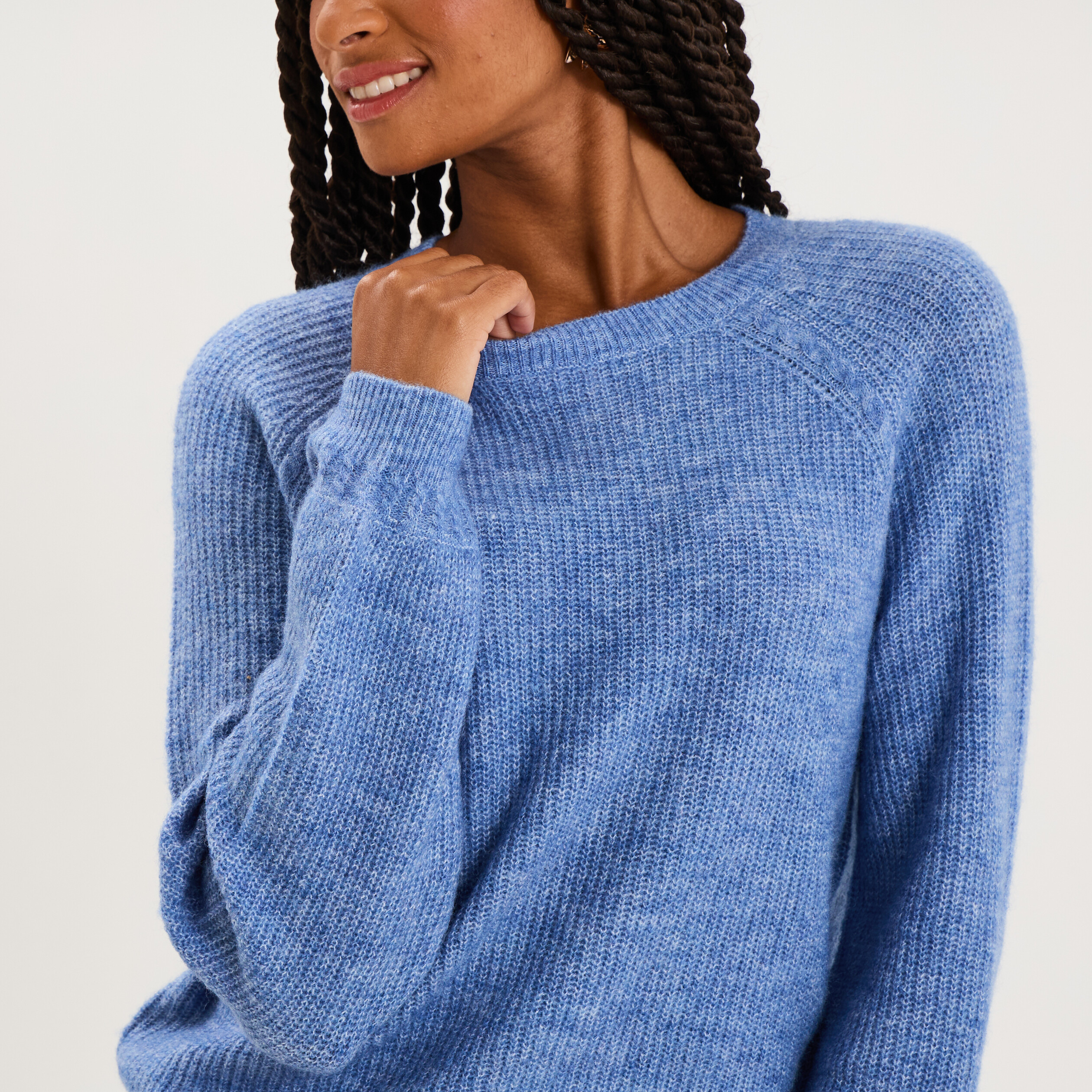 Pull col rond manches longues bleu ciel femme