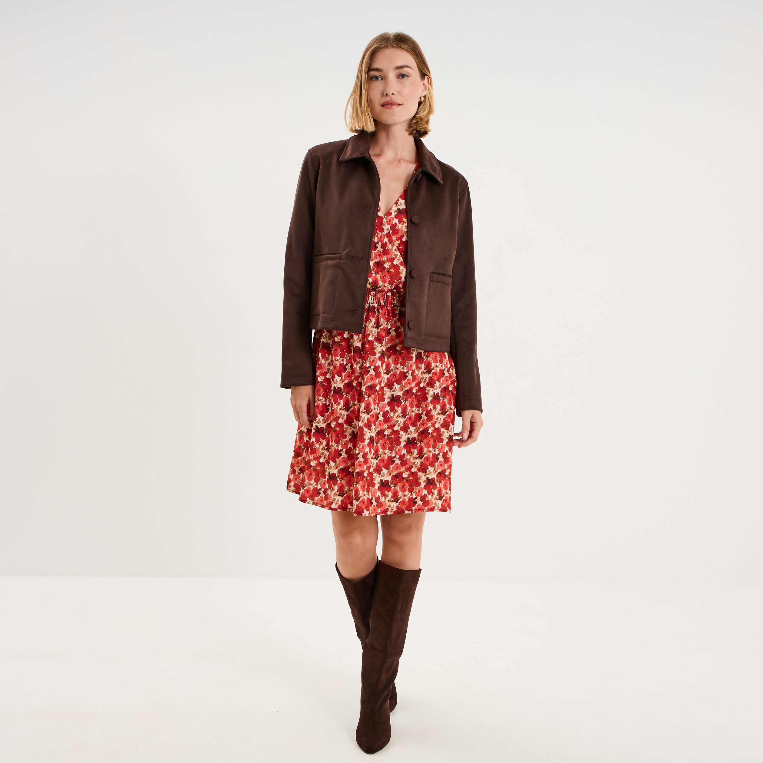 Robe smock&eacute;e manches ballon col V rouge coquelicot femme