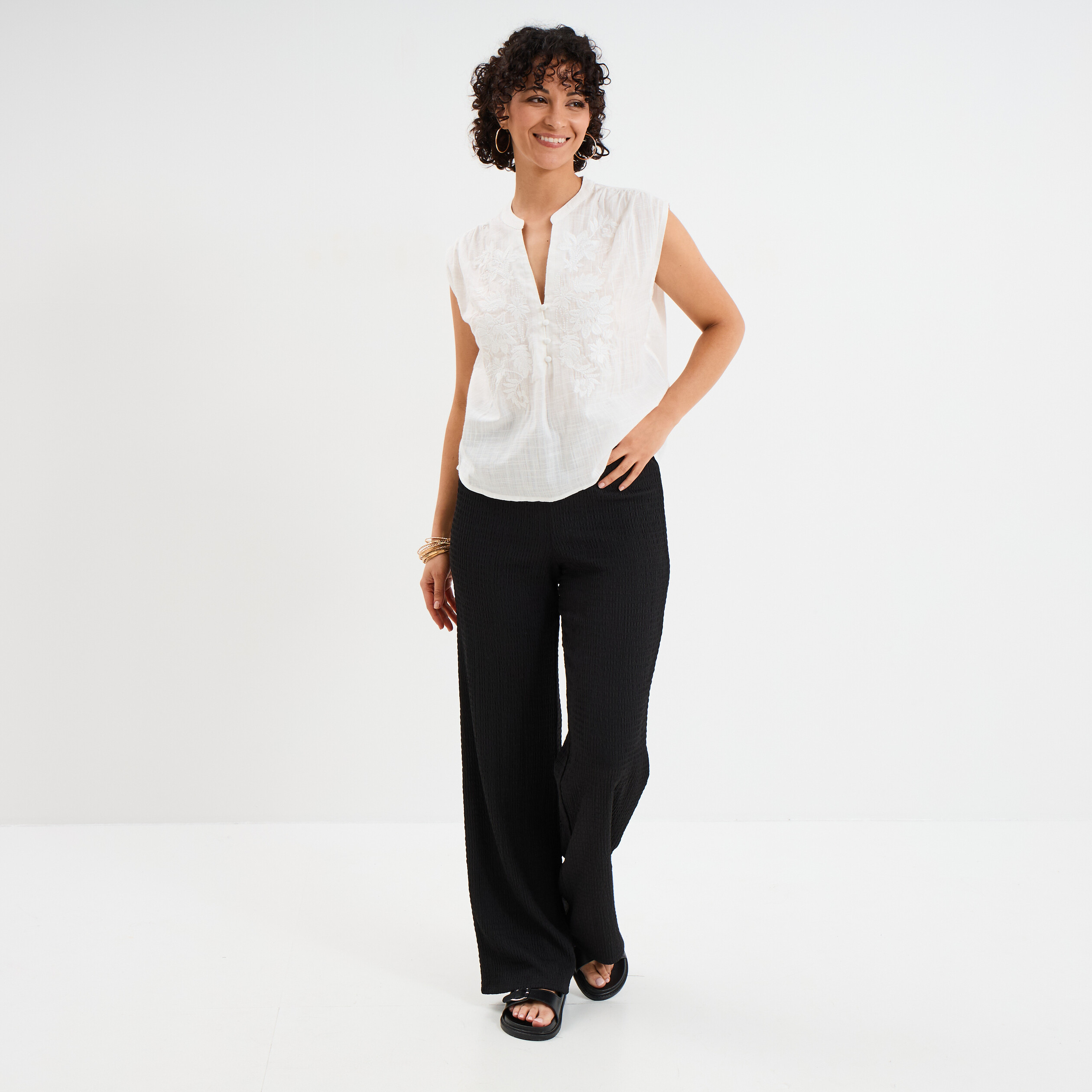 blouse col tunisien sans manches coton blanc femme Blouse col tunisien sans manches coton blanc femme