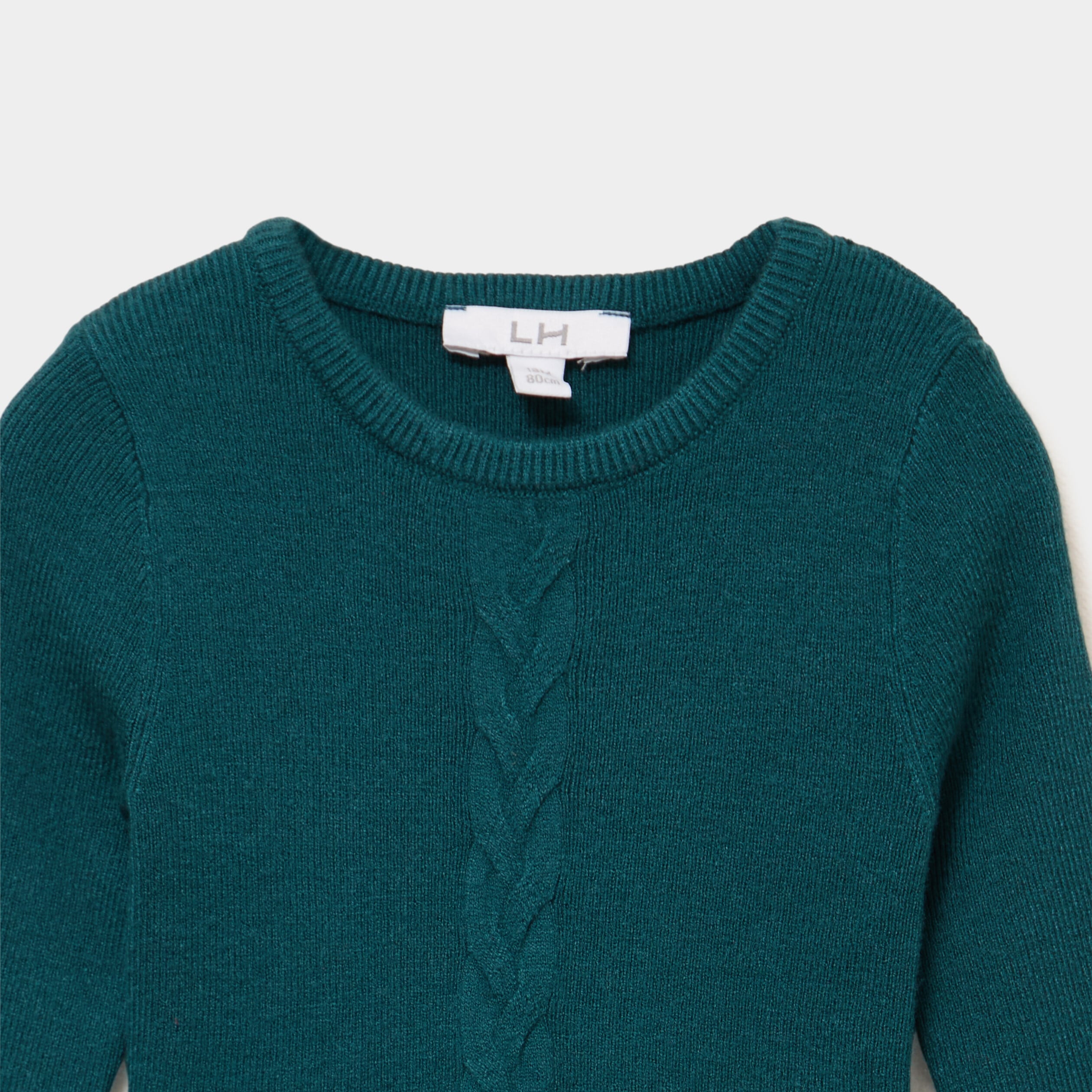 Robe tricot &eacute;vas&eacute;e manches longues vert canard b&eacute;b&eacute; fille