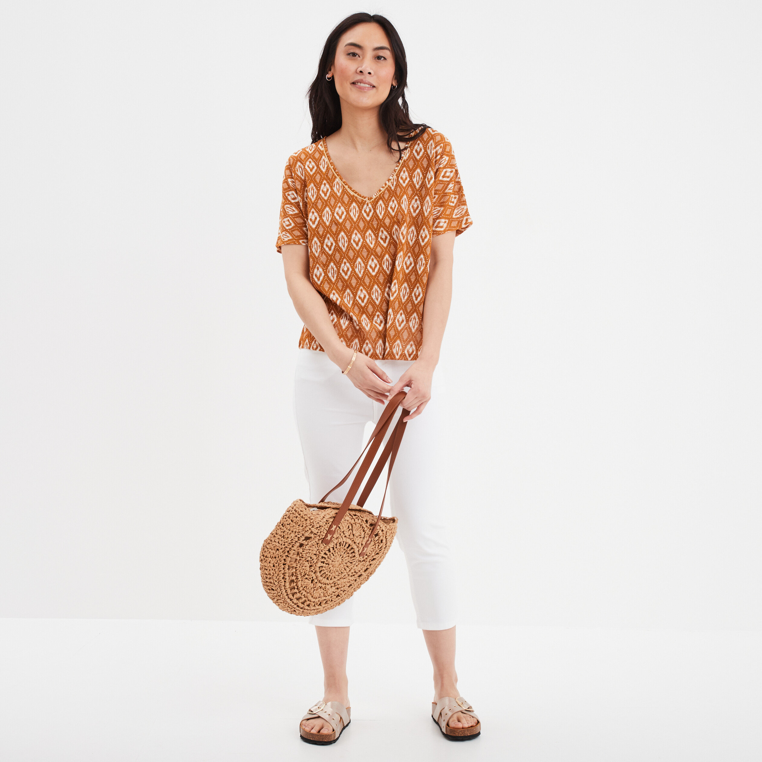 t shirt col en v manches courtes jaune moutarde femme T-shirt col en V manches courtes jaune moutarde femme