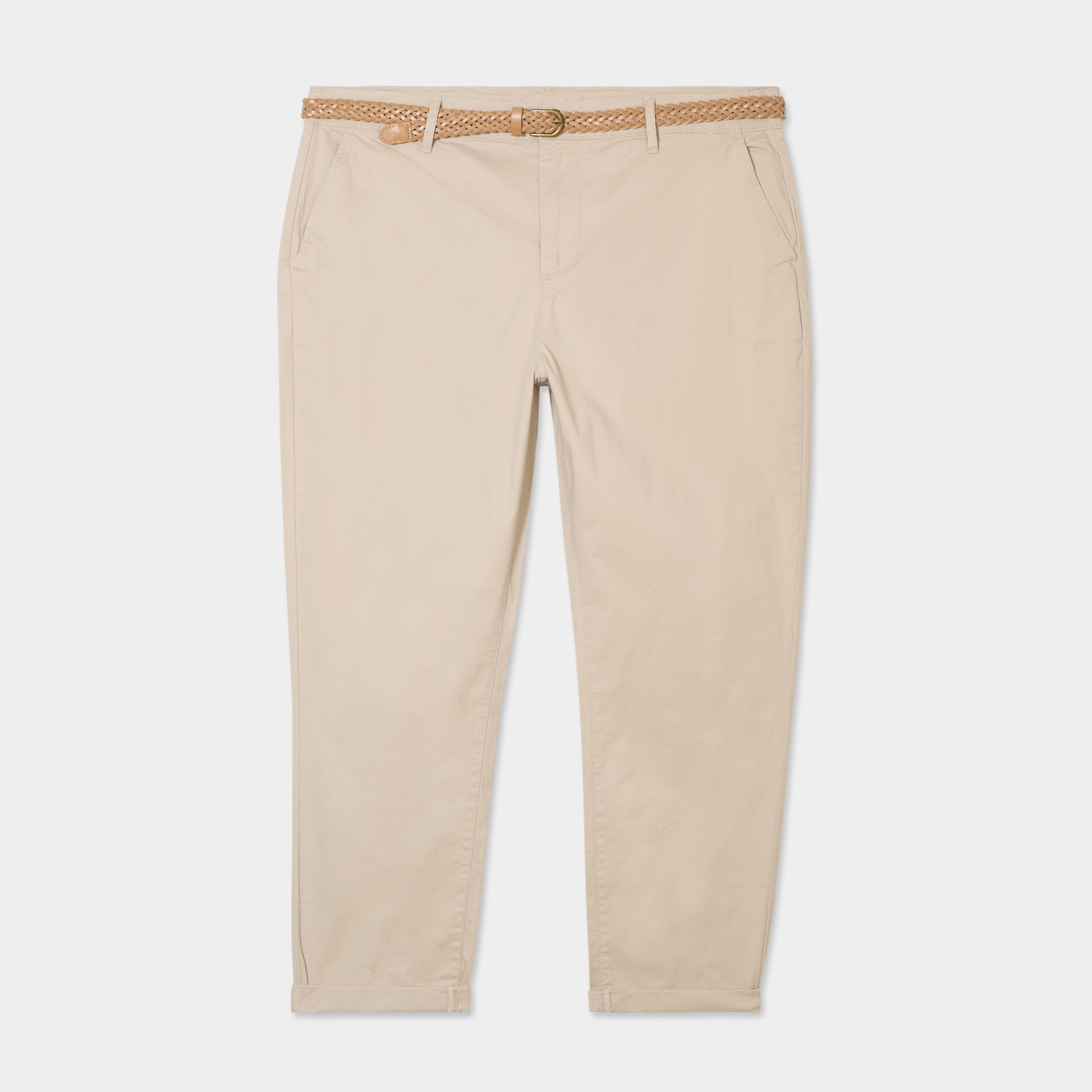 Pantalon chino taille haute coton beige femme grande taille