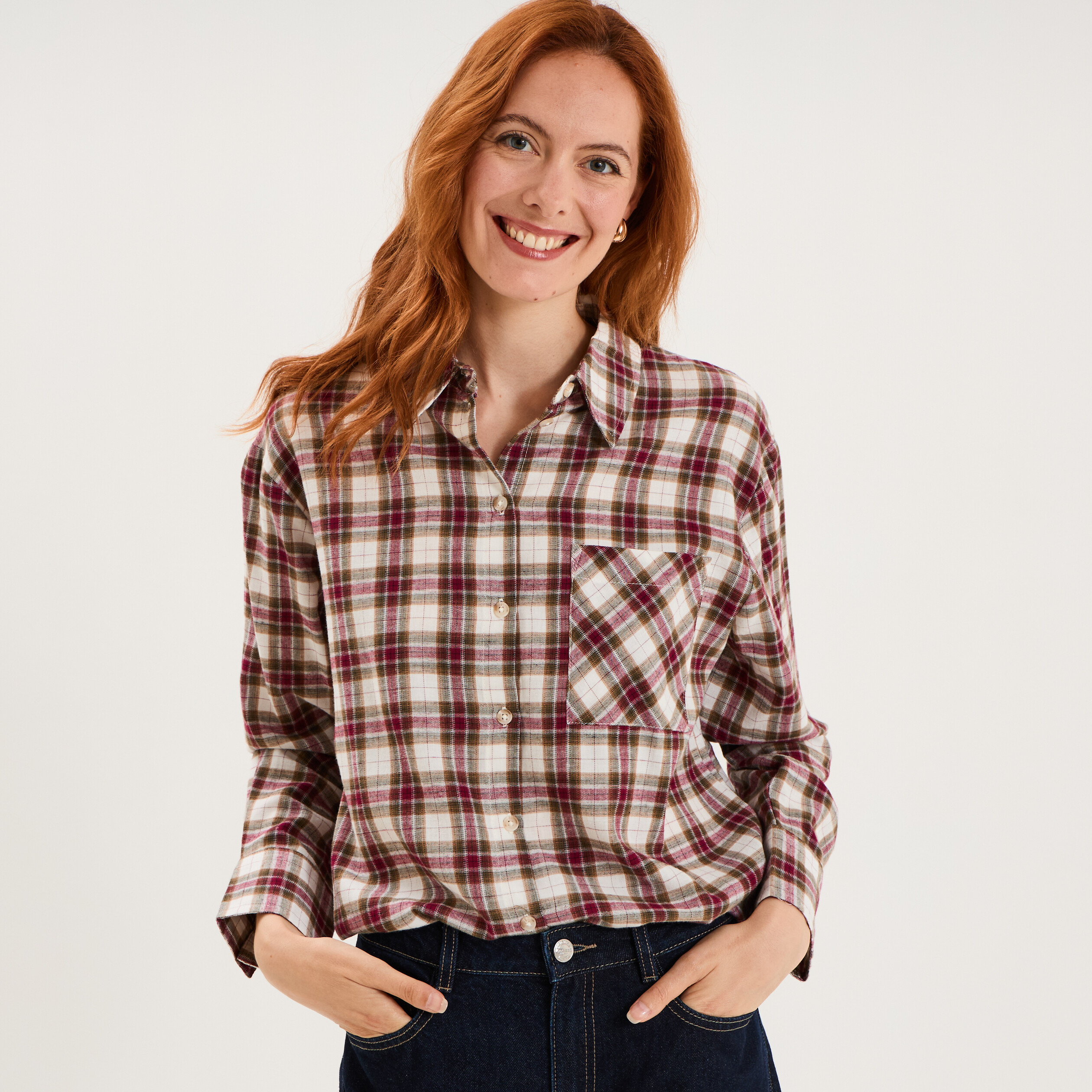 Chemise manches longues coton bordeaux femme