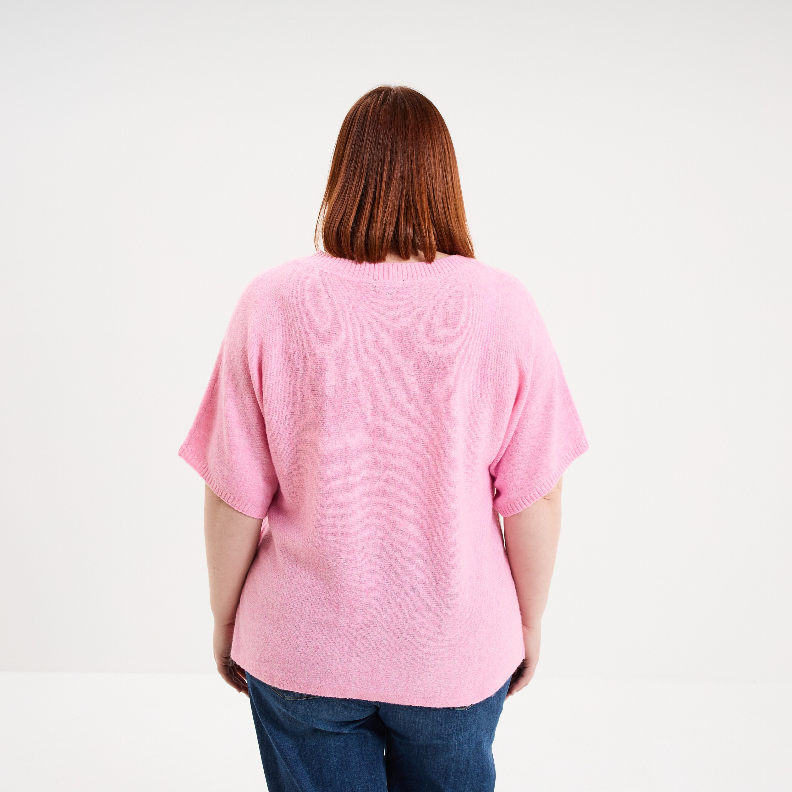 Pull manches courtes col rond rose femme grande taille
