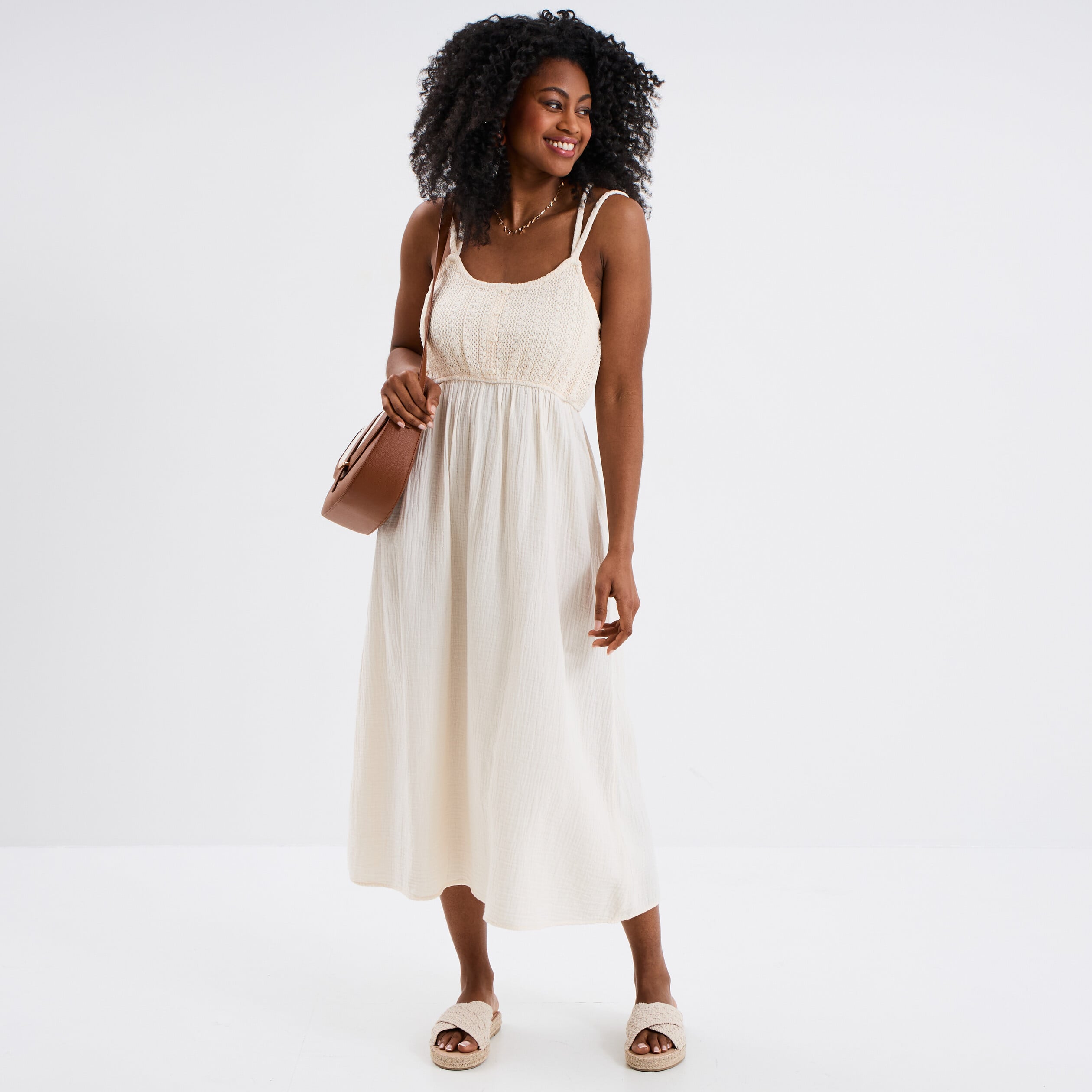 Robe longue buste macram&eacute; gaze de coton creme femme