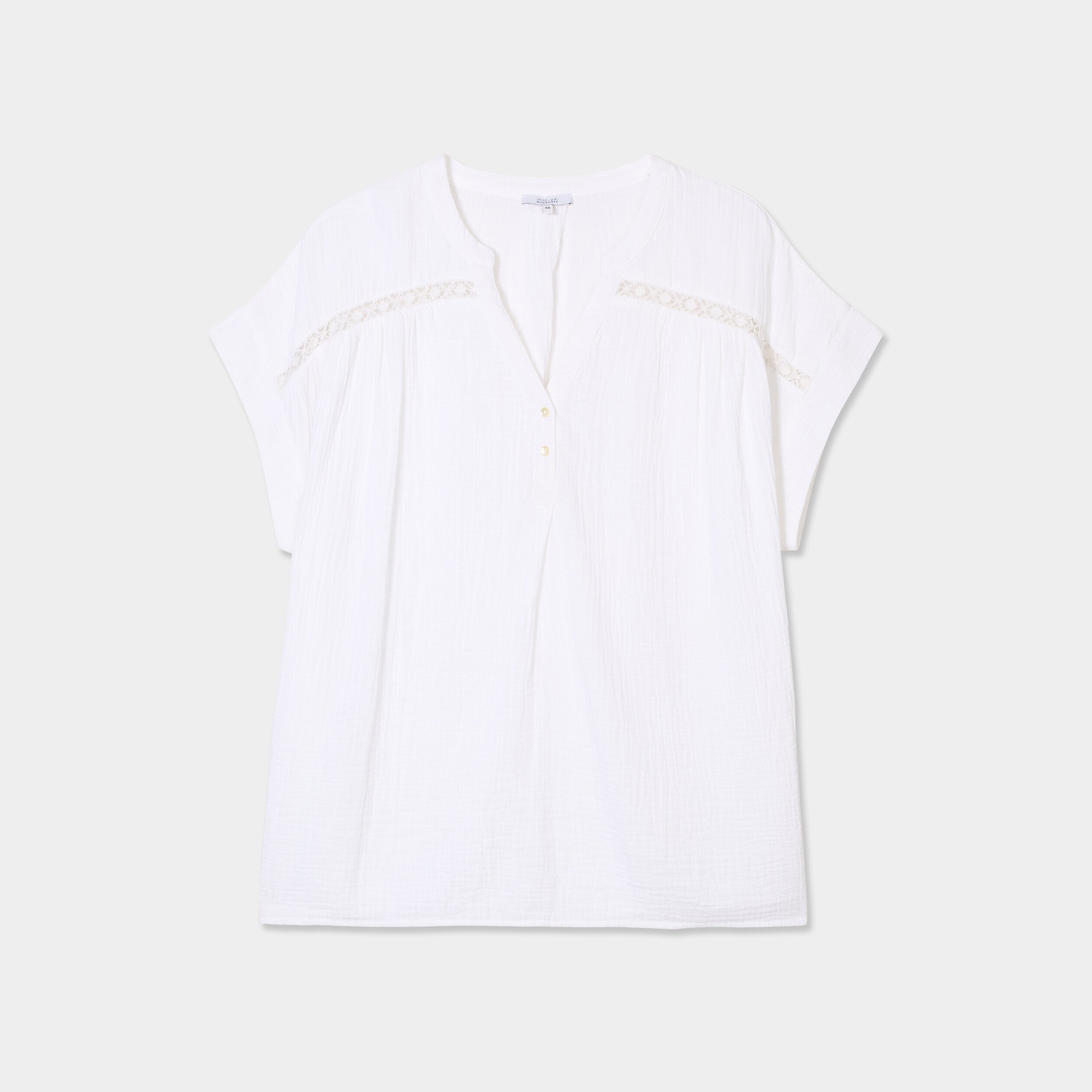 blouse droite gaze de coton col tunisien blanc femmegt Blouse droite gaze de coton col tunisien blanc femme grande taille