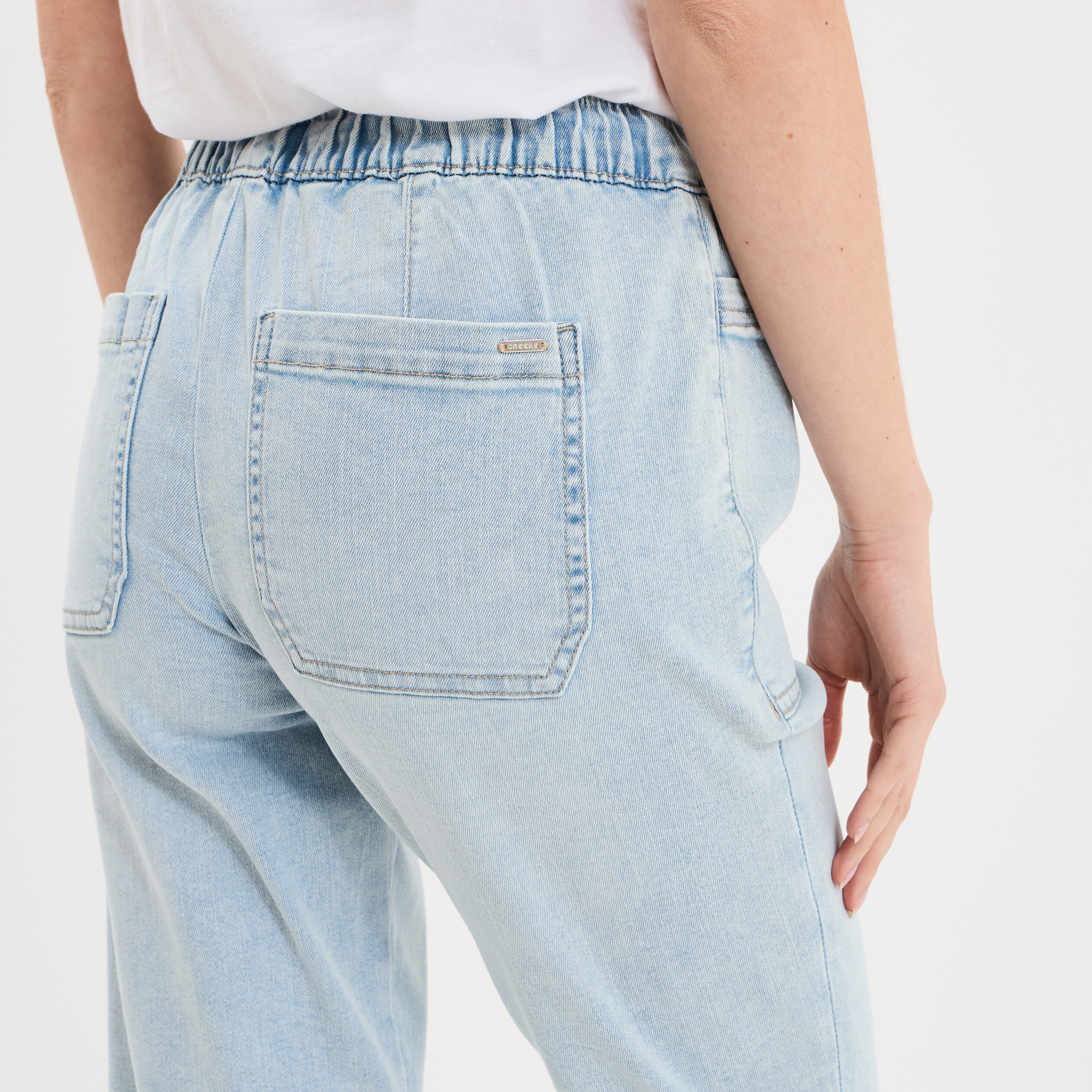 Jeans droit cropped taille &eacute;lastiqu&eacute;e denim triple stone femme