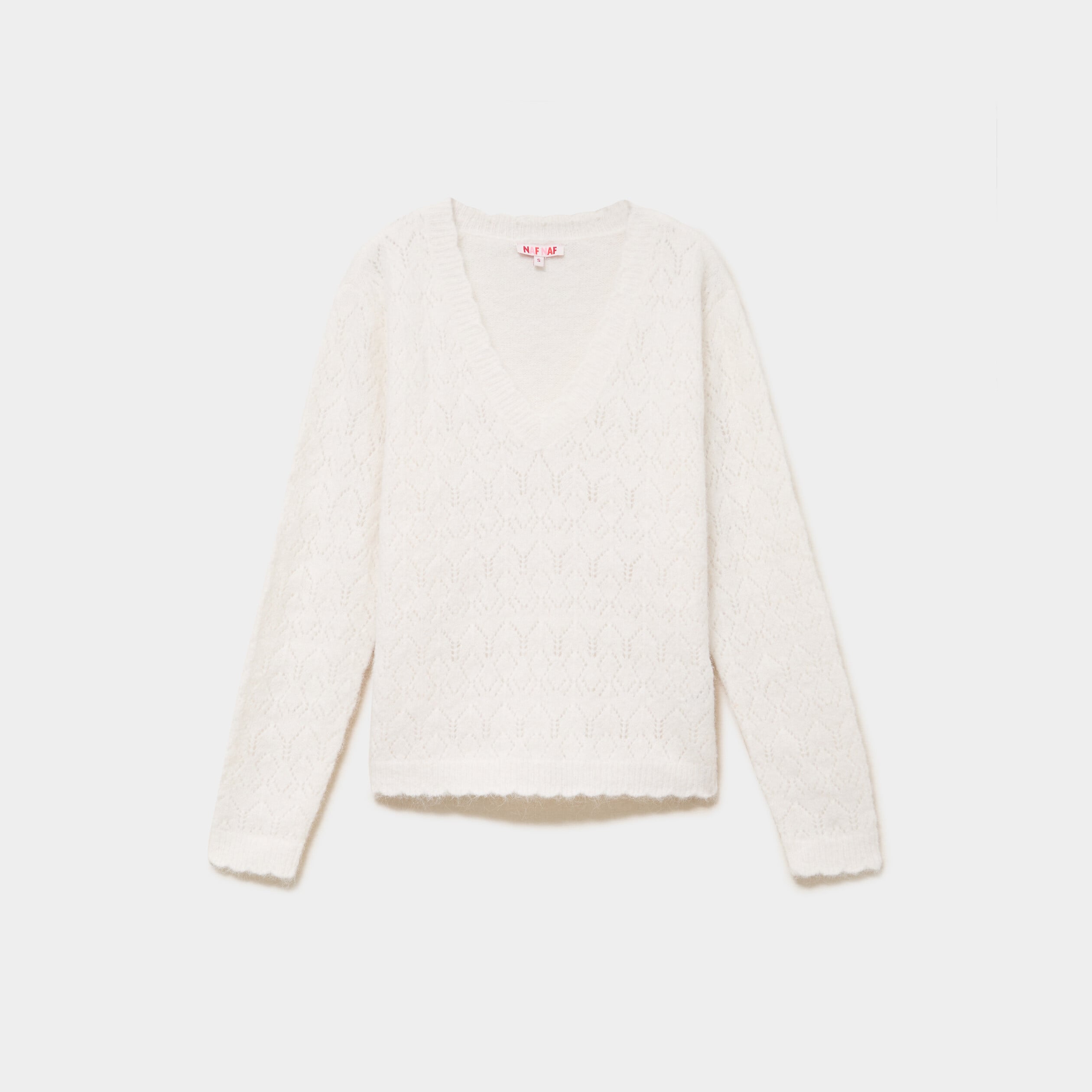 Pull col V ajour&eacute; manches longues blanc femme
