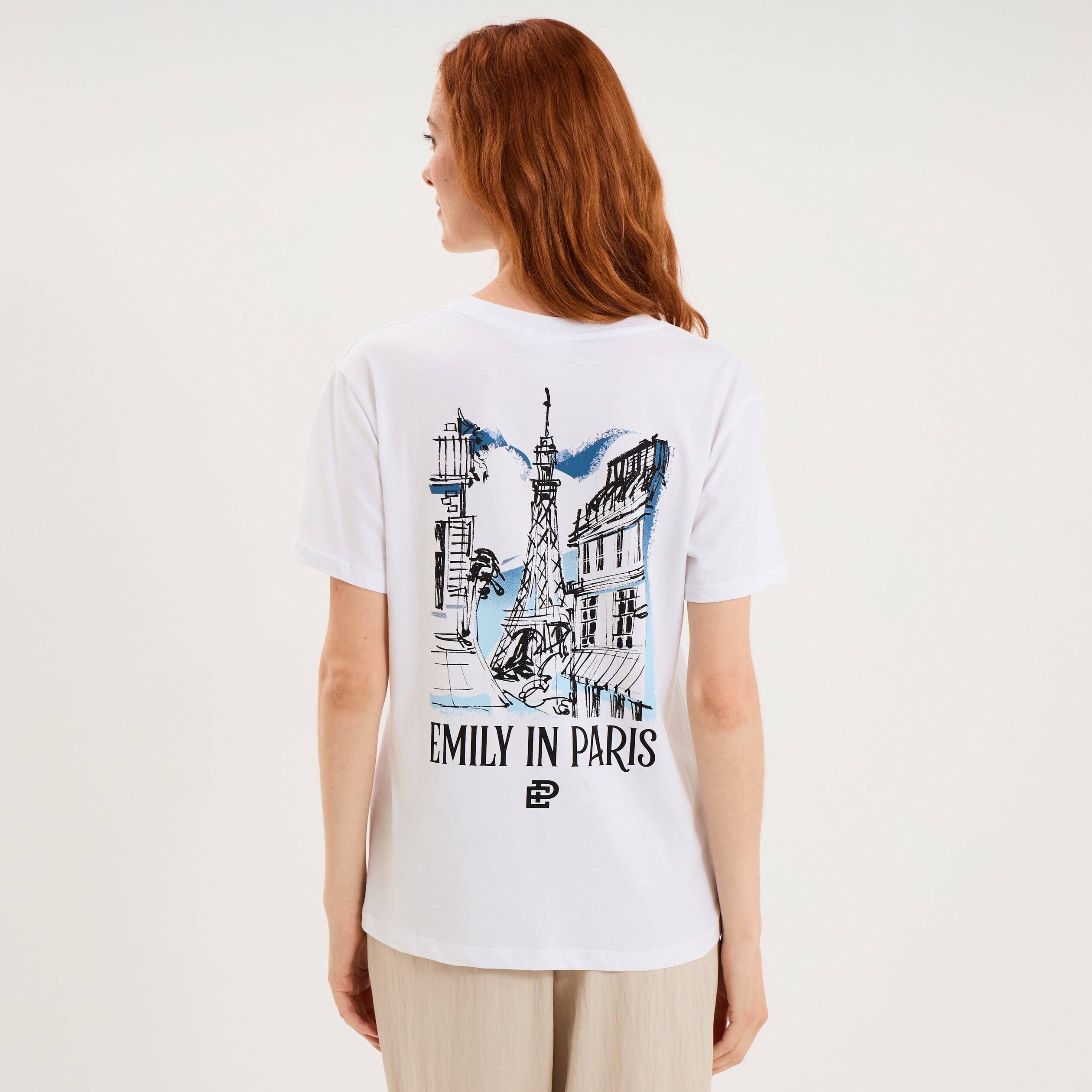 T-shirt col rond coton Emily in Paris blanc femme