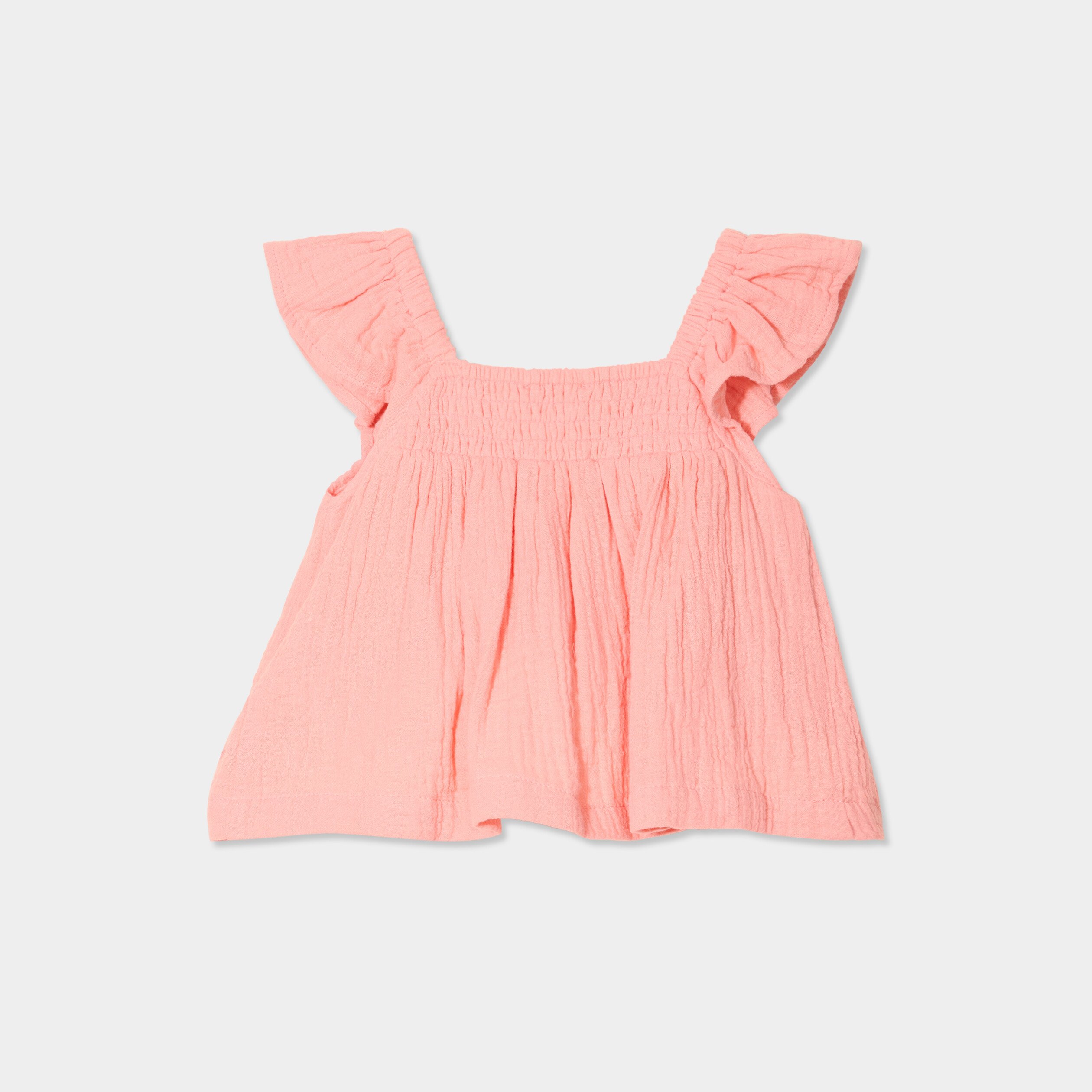 ensemble 2 pieces gaze de coton rose corail bebef Ensemble 2 pièces gaze de coton rose corail bébé fille
