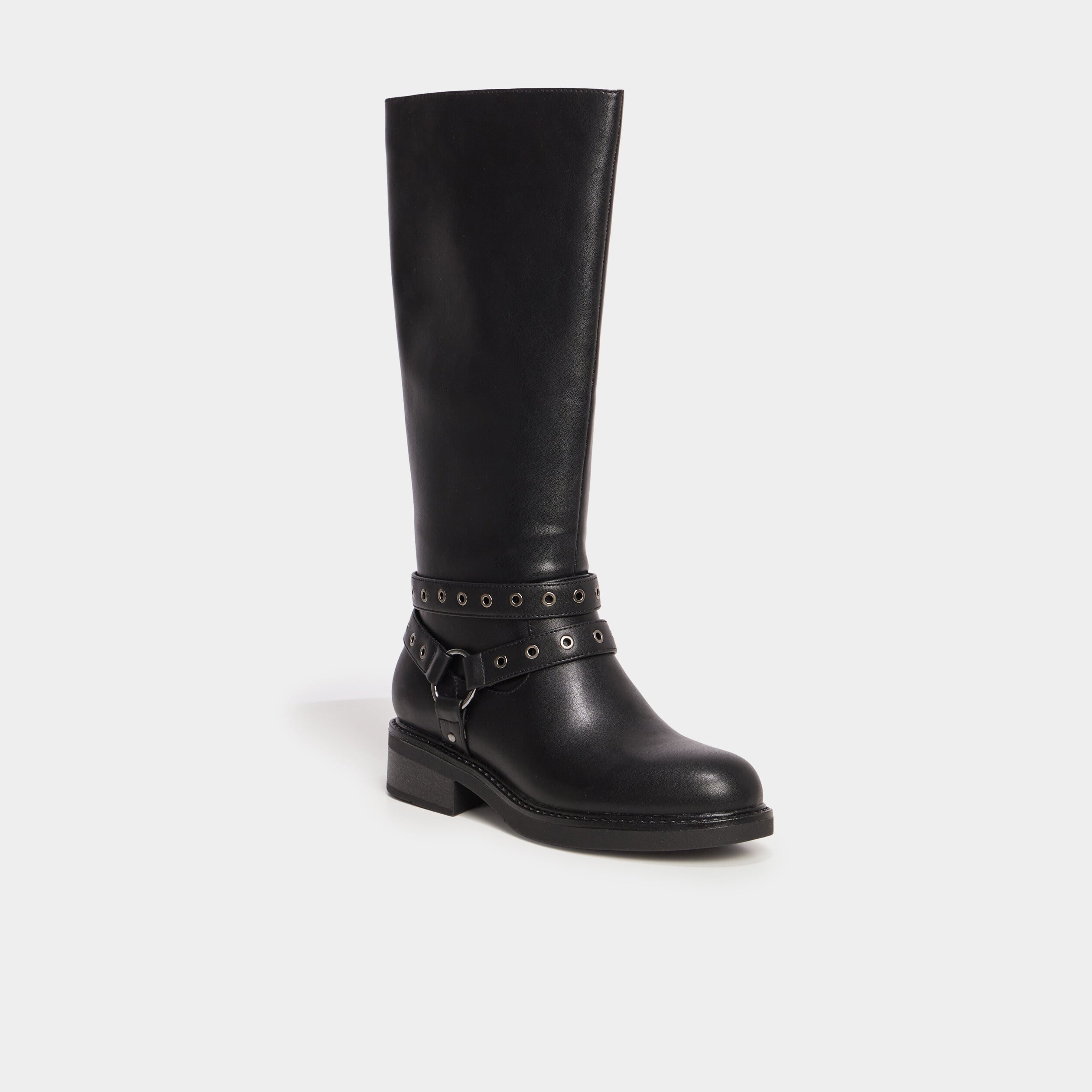 Bottes talons plats brides &agrave; oeillets noir femme