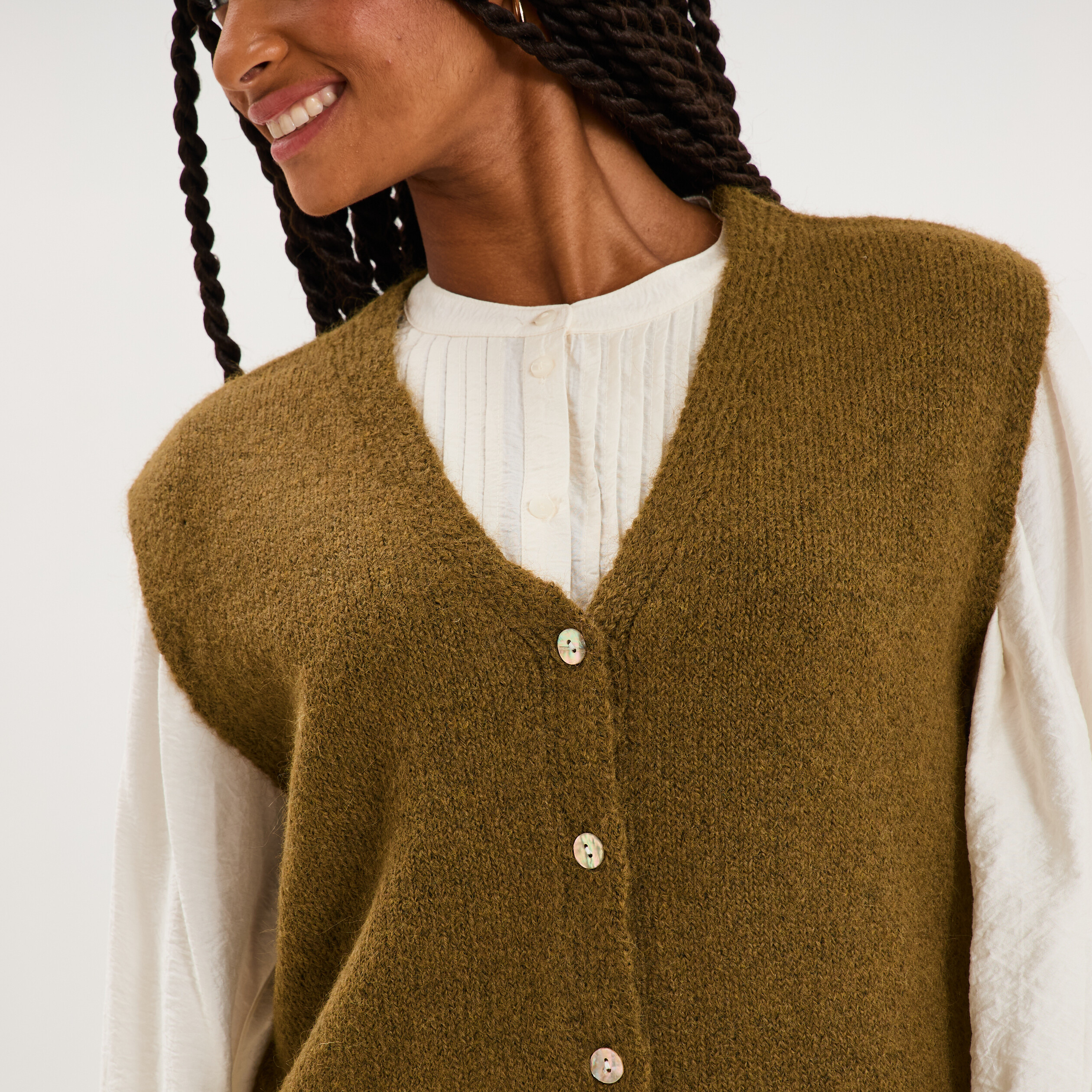 Gilet sans manches col en V vert olive femme