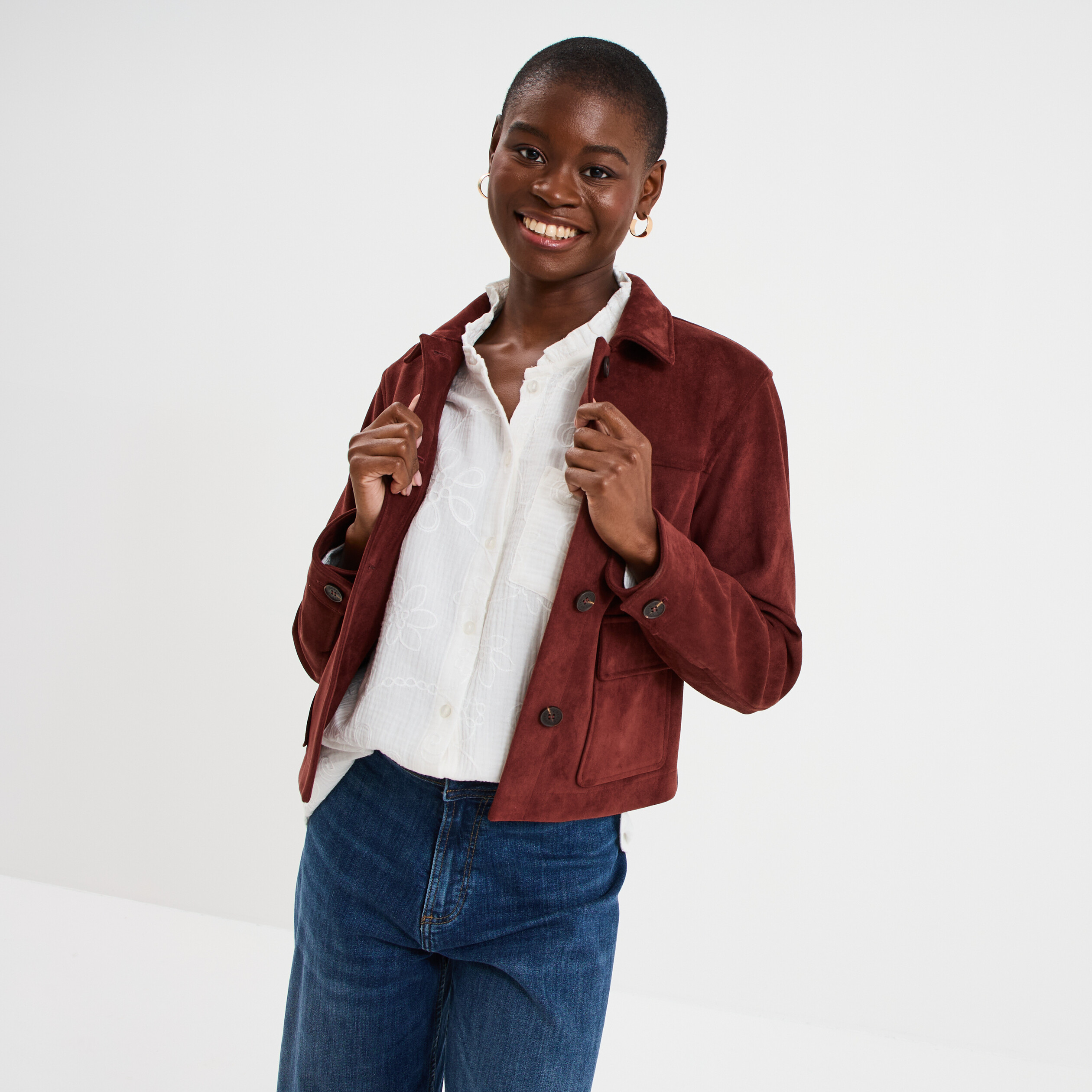 Veste effet su&eacute;dine boutonn&eacute;e bordeaux femme