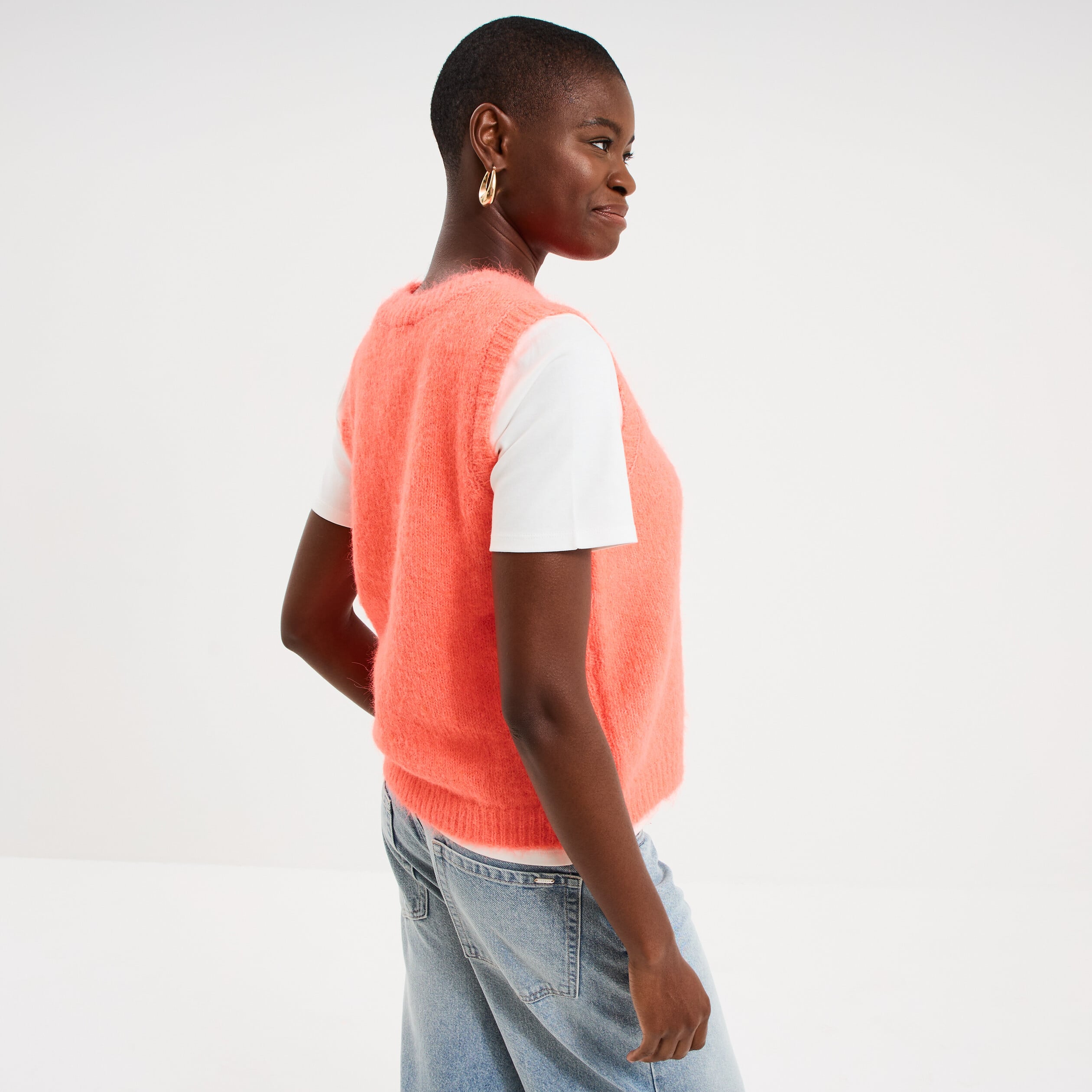 Pull sans manches col rond rose fluo femme