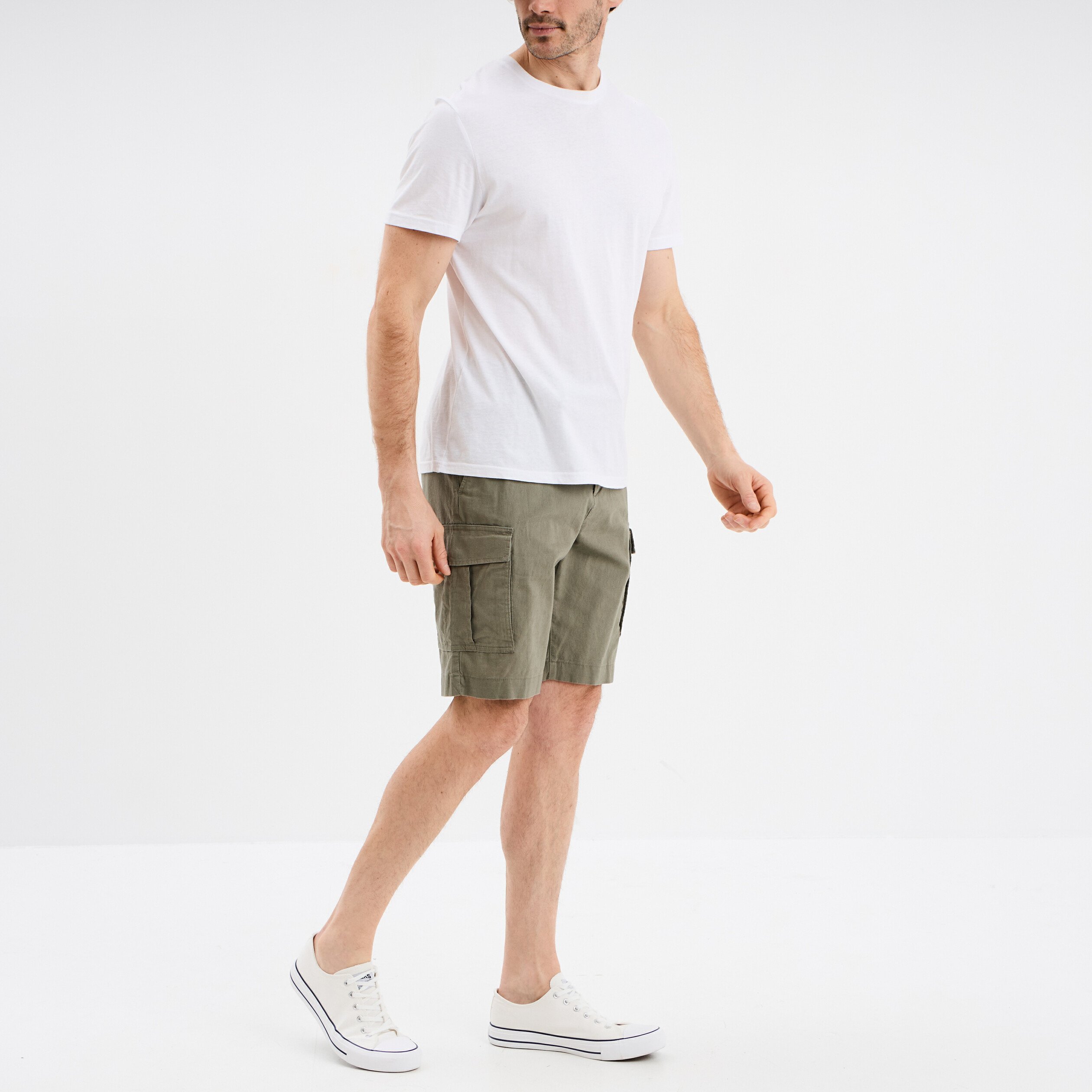 Bermuda cargo en lin mélangé vert kaki homme