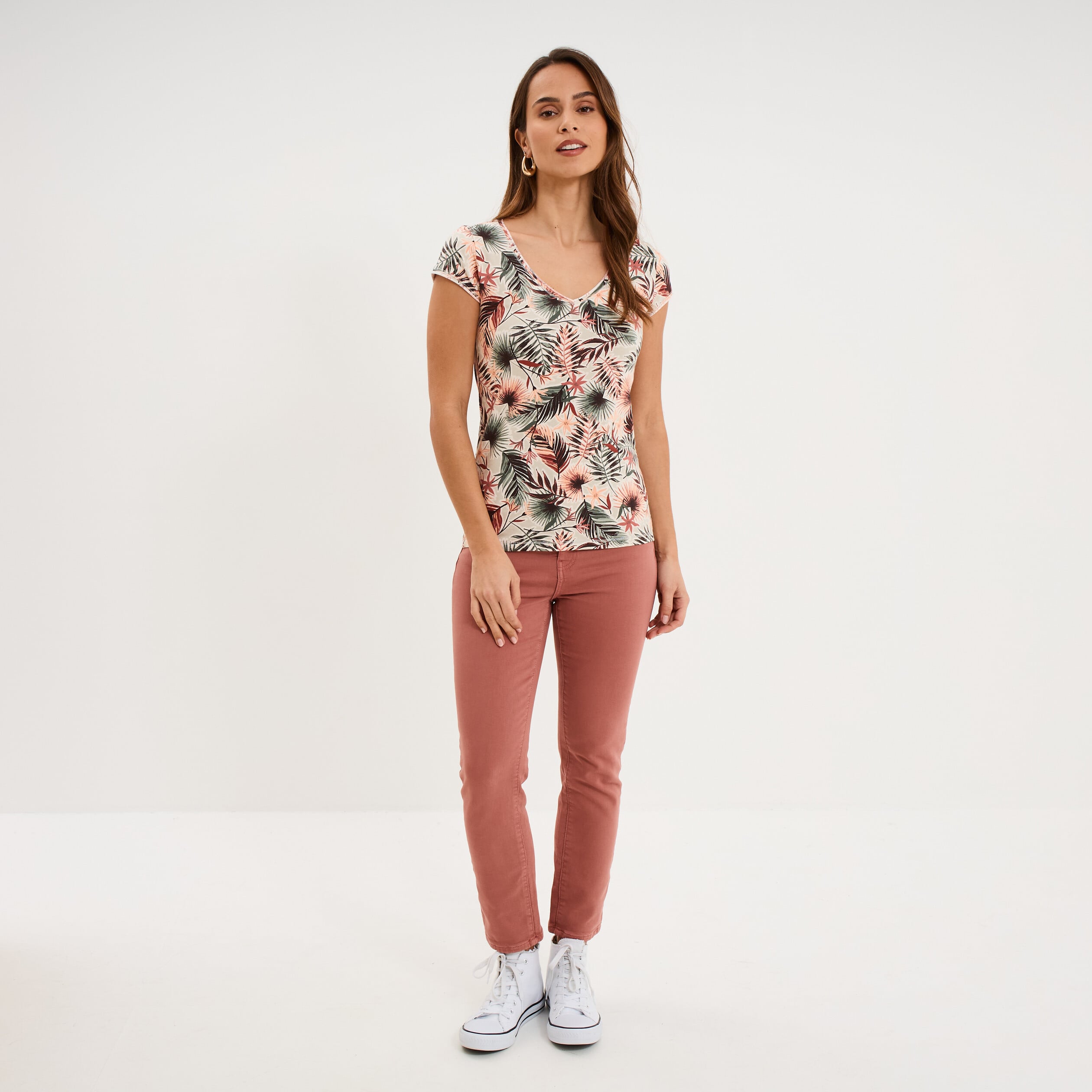 T-shirt col V droit manches courtes vert kaki femme