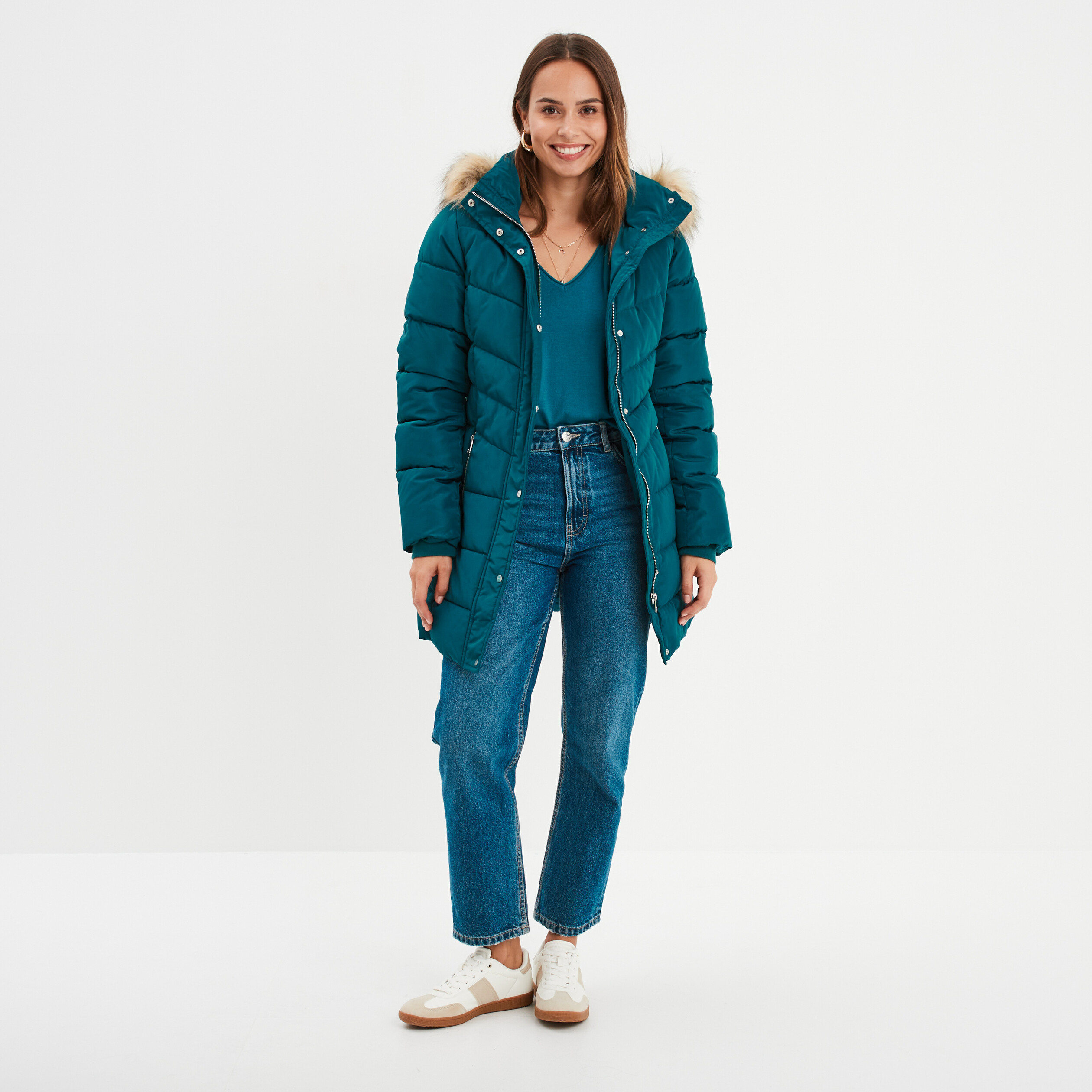 pull ajuste avec col en v bleu canard femme Pull ajusté avec col en V bleu canard femme