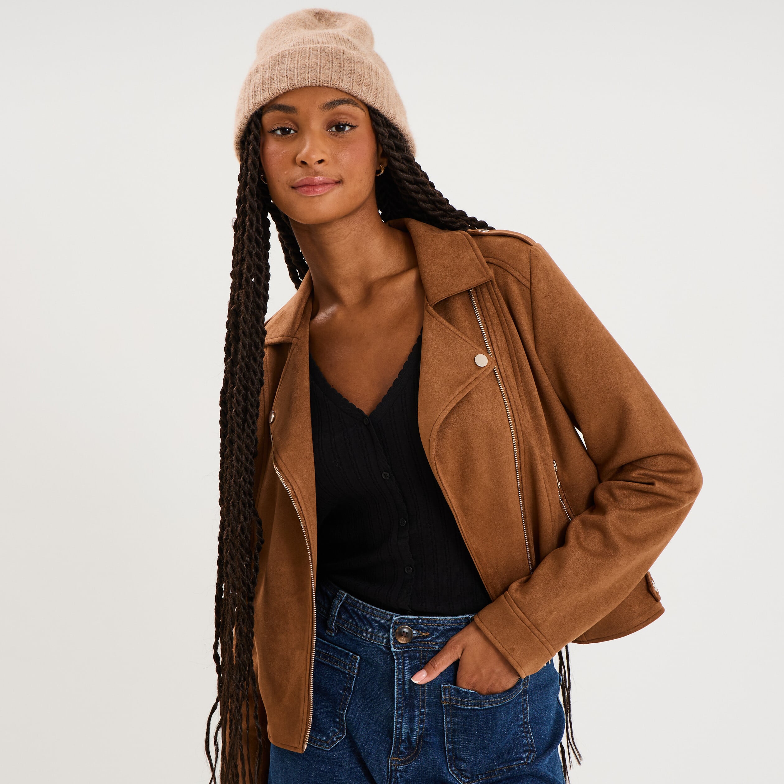 Veste biker en su&eacute;dine ajust&eacute;e camel femme