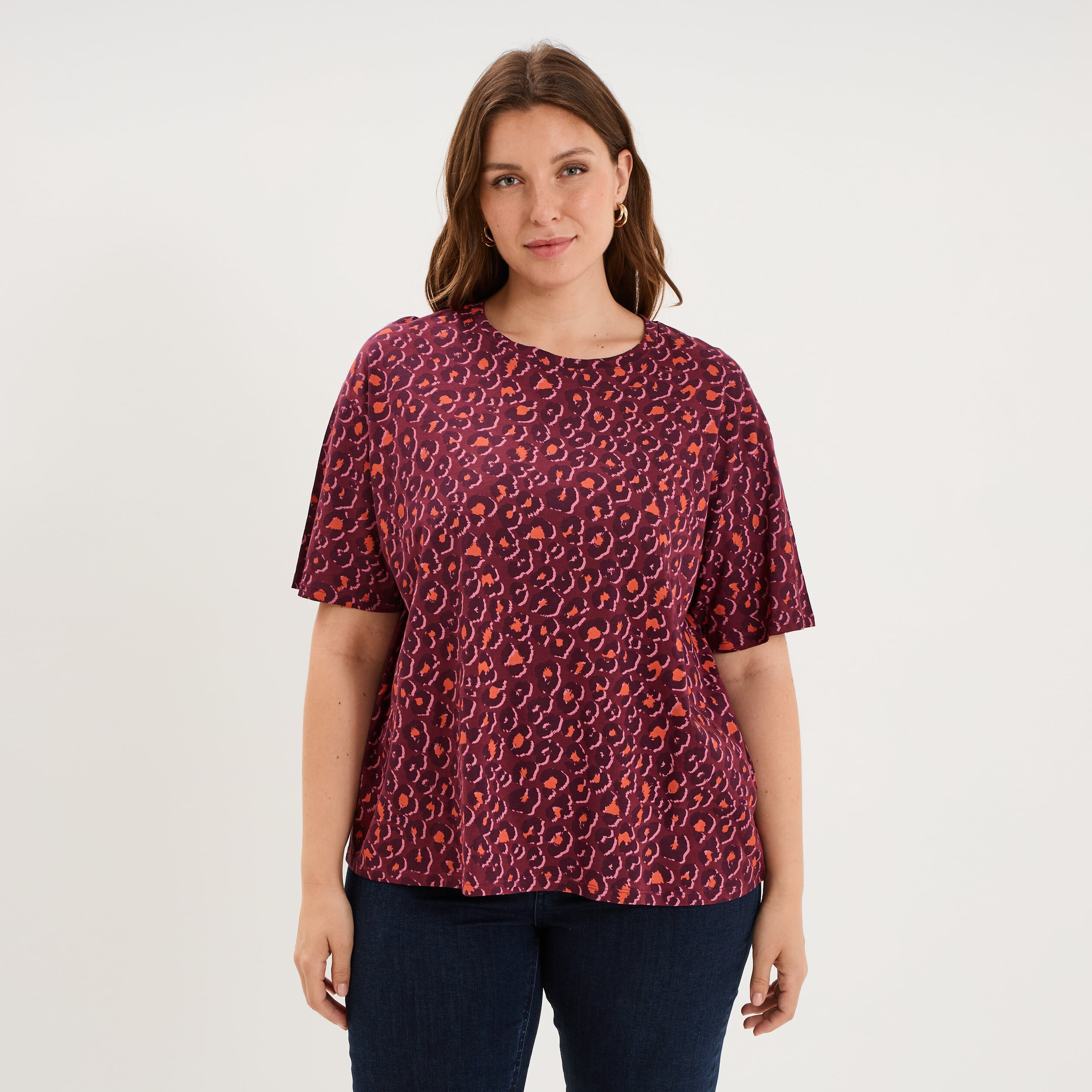 T-shirt col rond manches courtes coton bordeaux femme grande taille