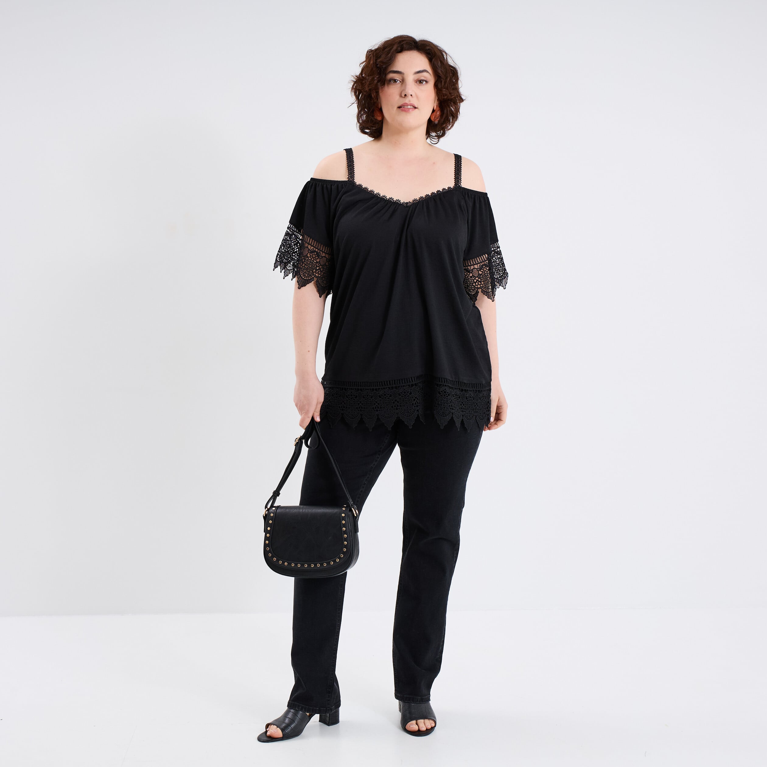 Jeans droit taille haute denim noir femme grande taille