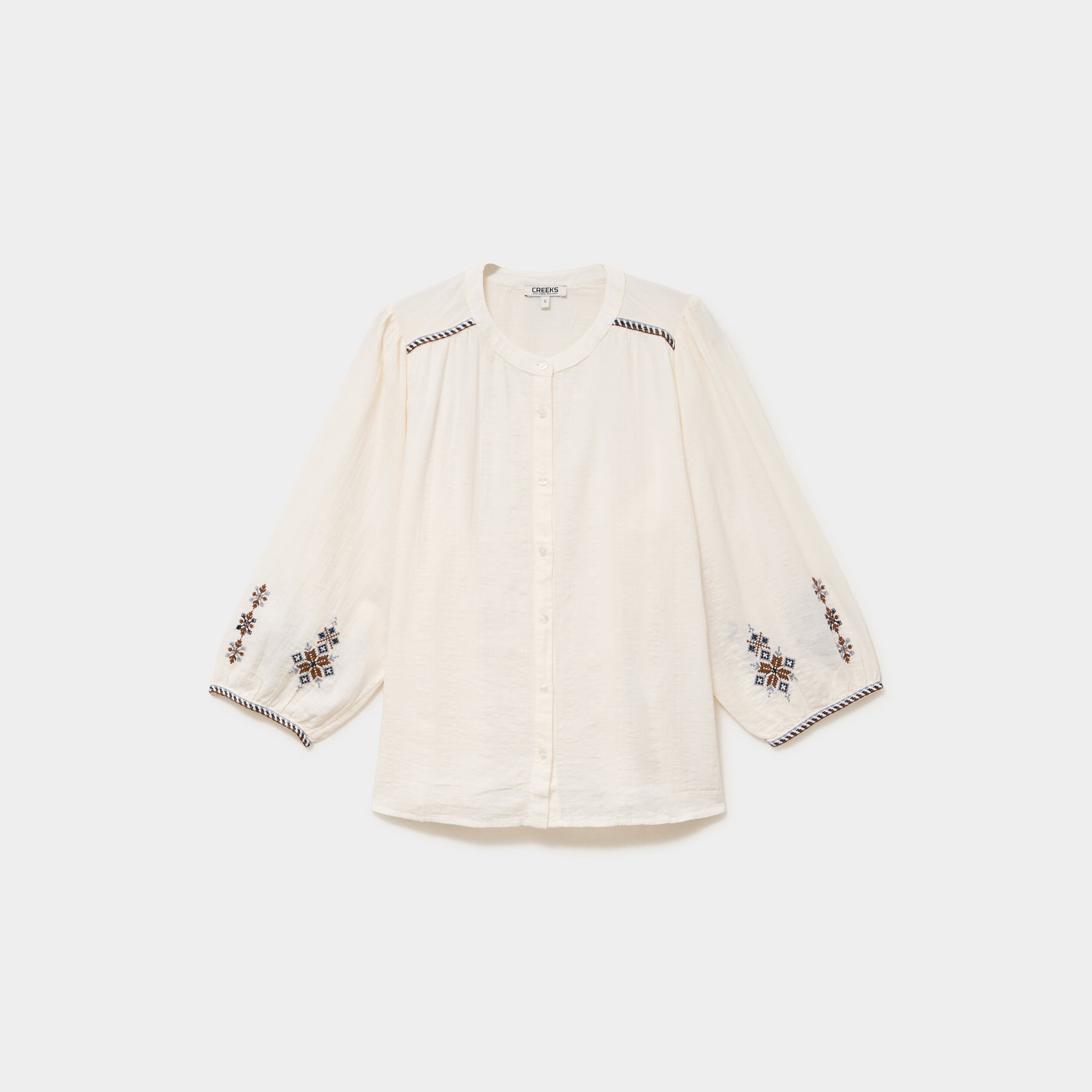 Blouse brod&eacute;e oversize manches 3/4 ecru femme