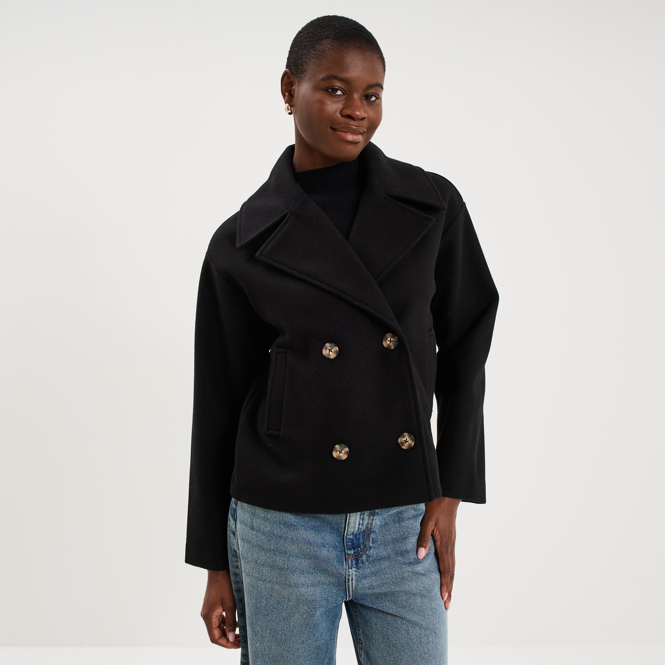 Manteau court double boutonnage noir femme
