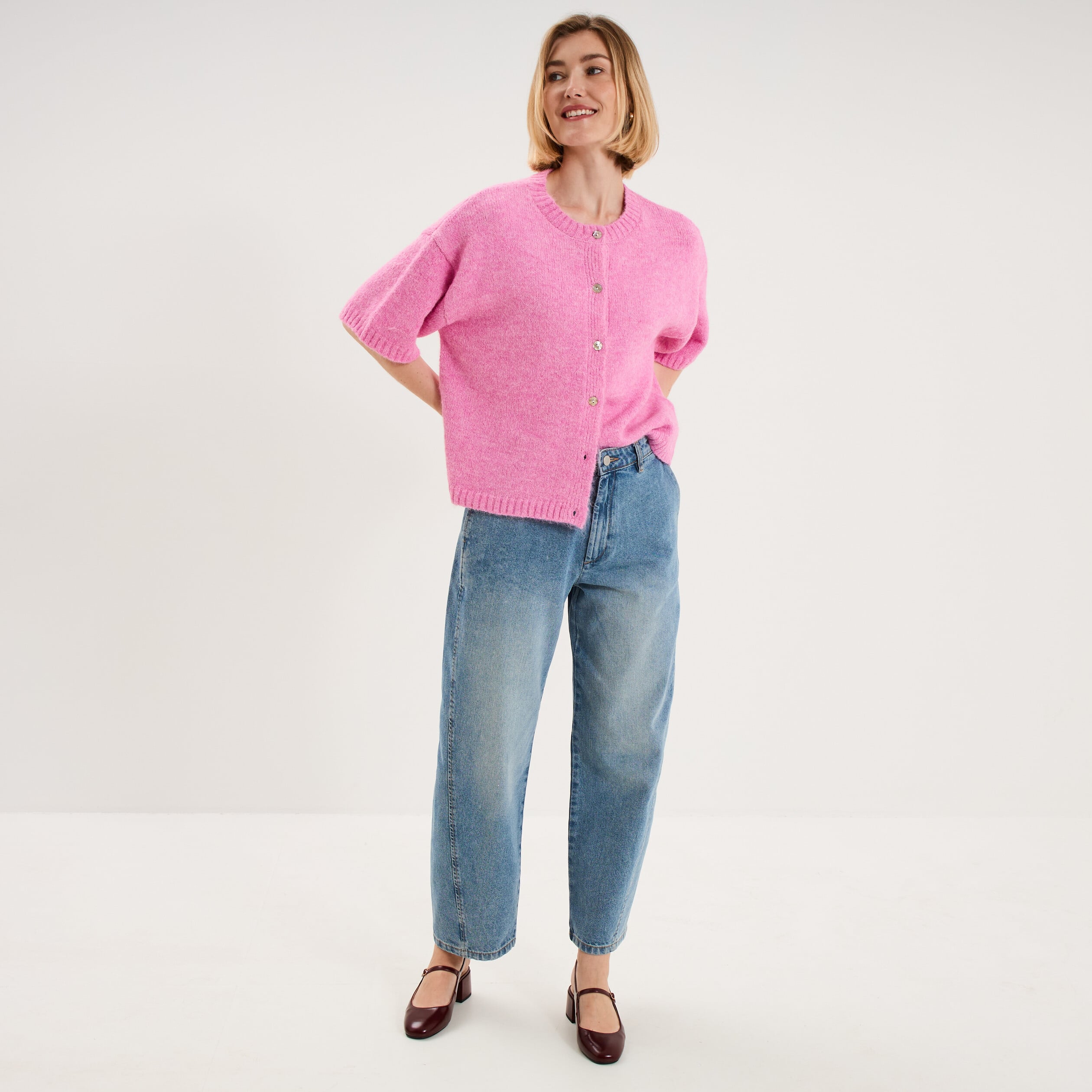 Gilet boutonn&eacute; manches courtes col rond rose femme