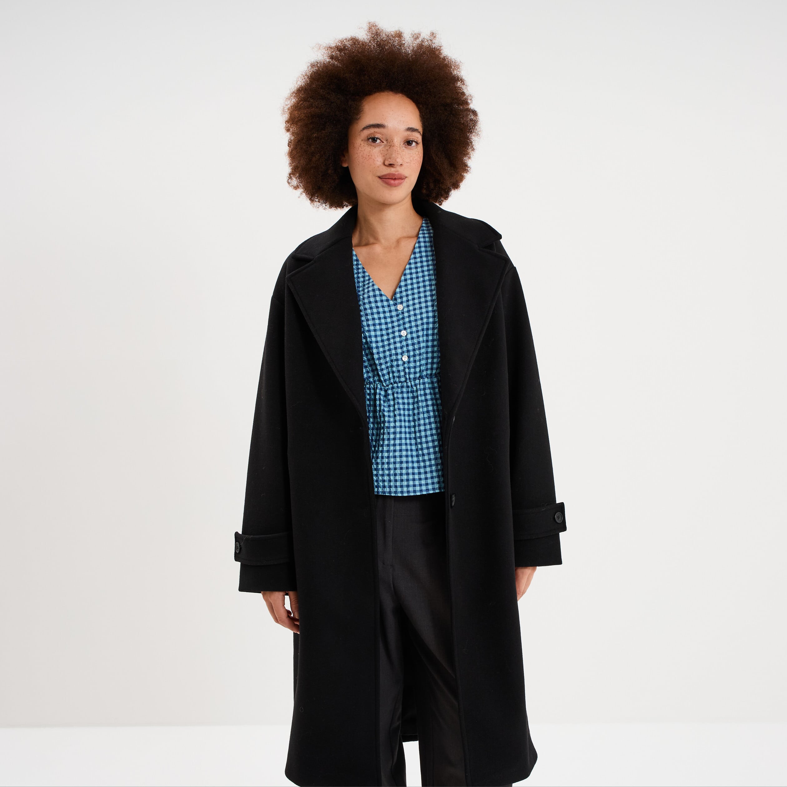 Manteau long oversize col tailleur noir femme