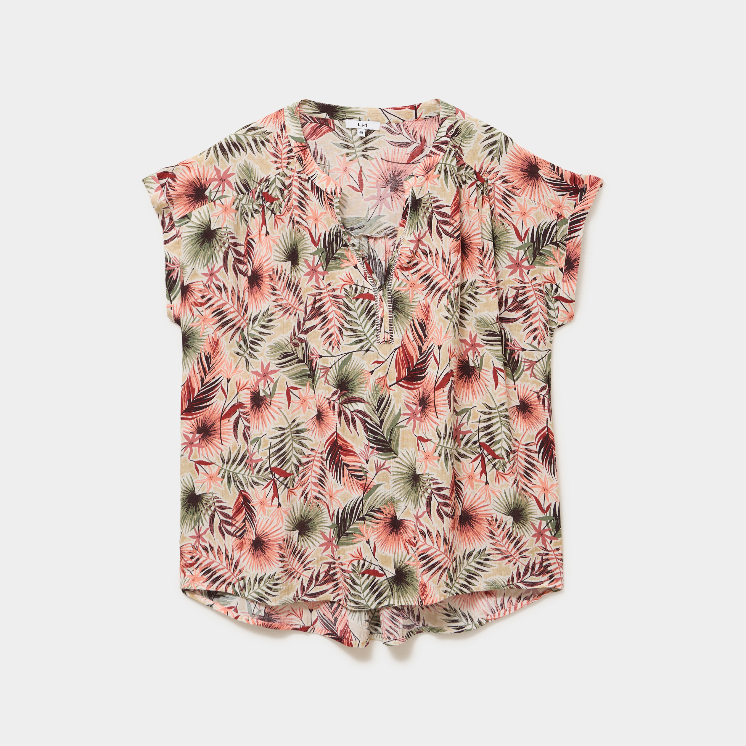 Blouse col en V manches courtes beige femme grande taille