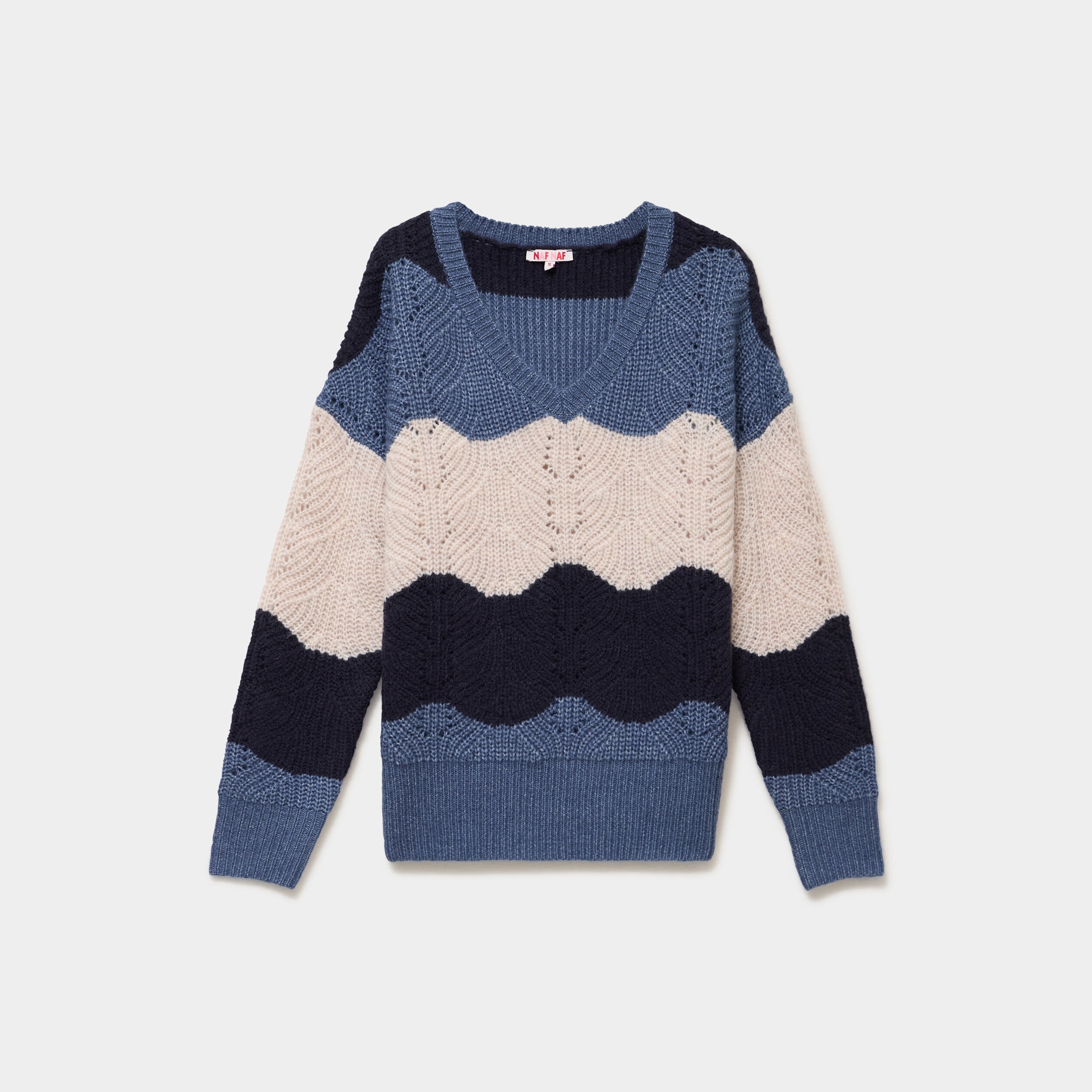 Pull col V ajour&eacute; manches longues bleu ciel femme