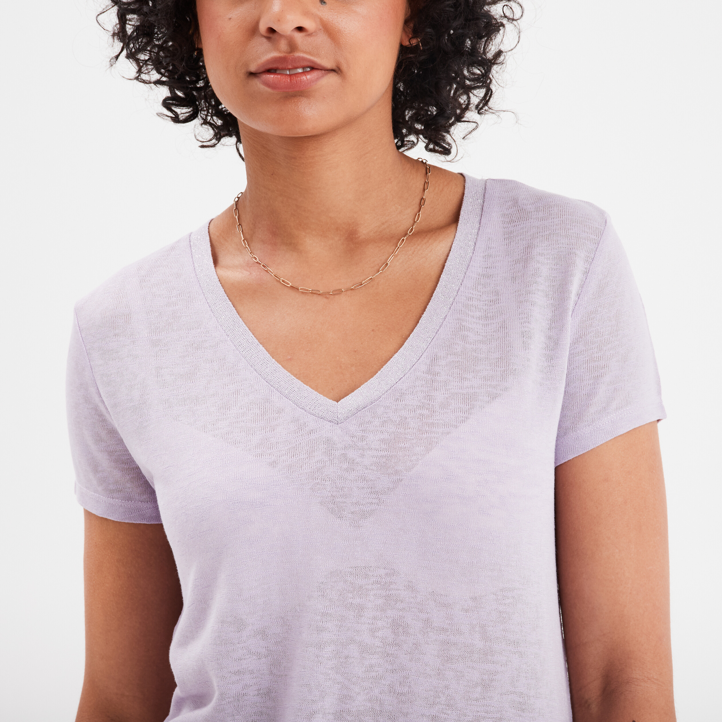 t shirt col en v a bande metallisee violet clair femme T-shirt col en V à bande métallisée violet clair femme