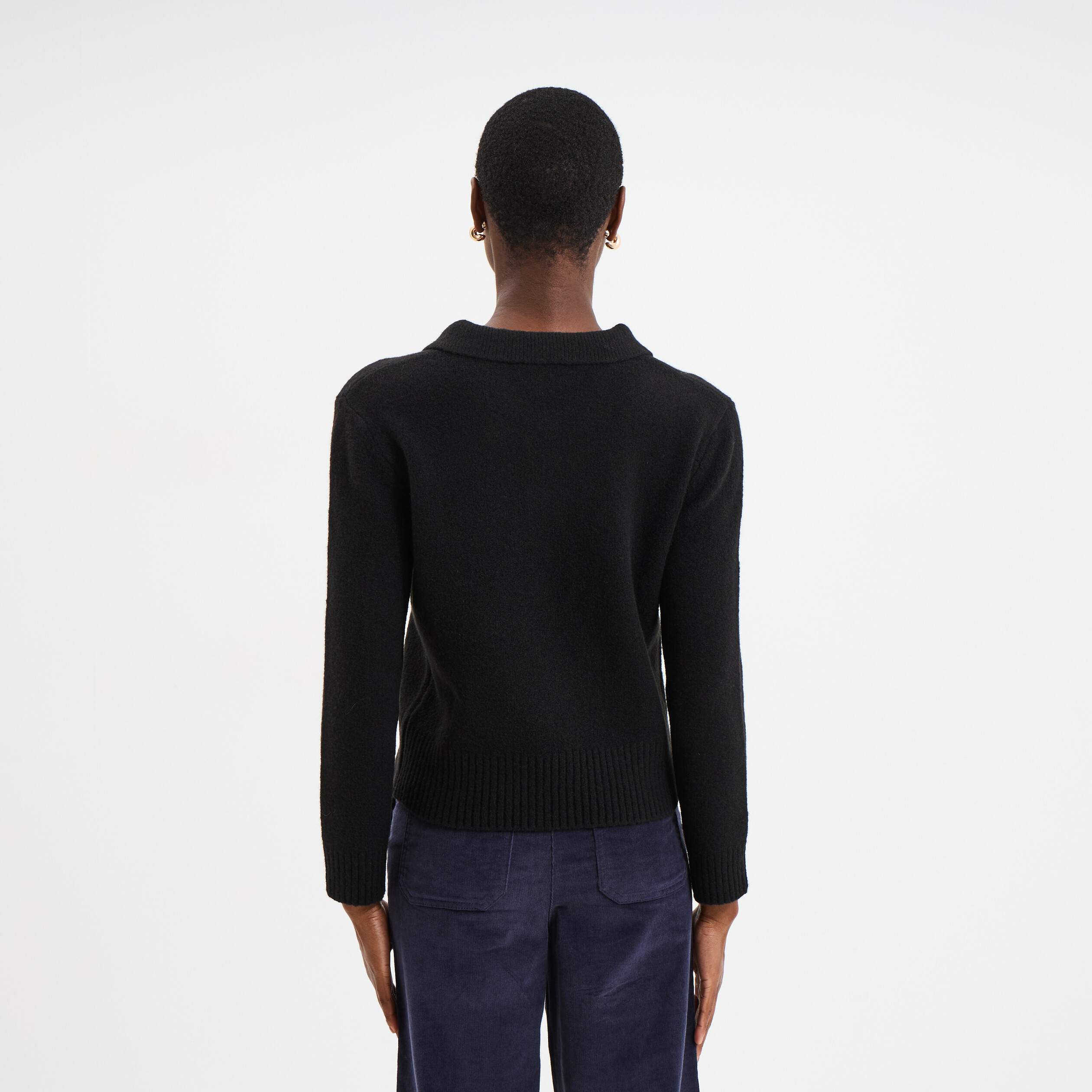 Pull col polo manches longues noir femme