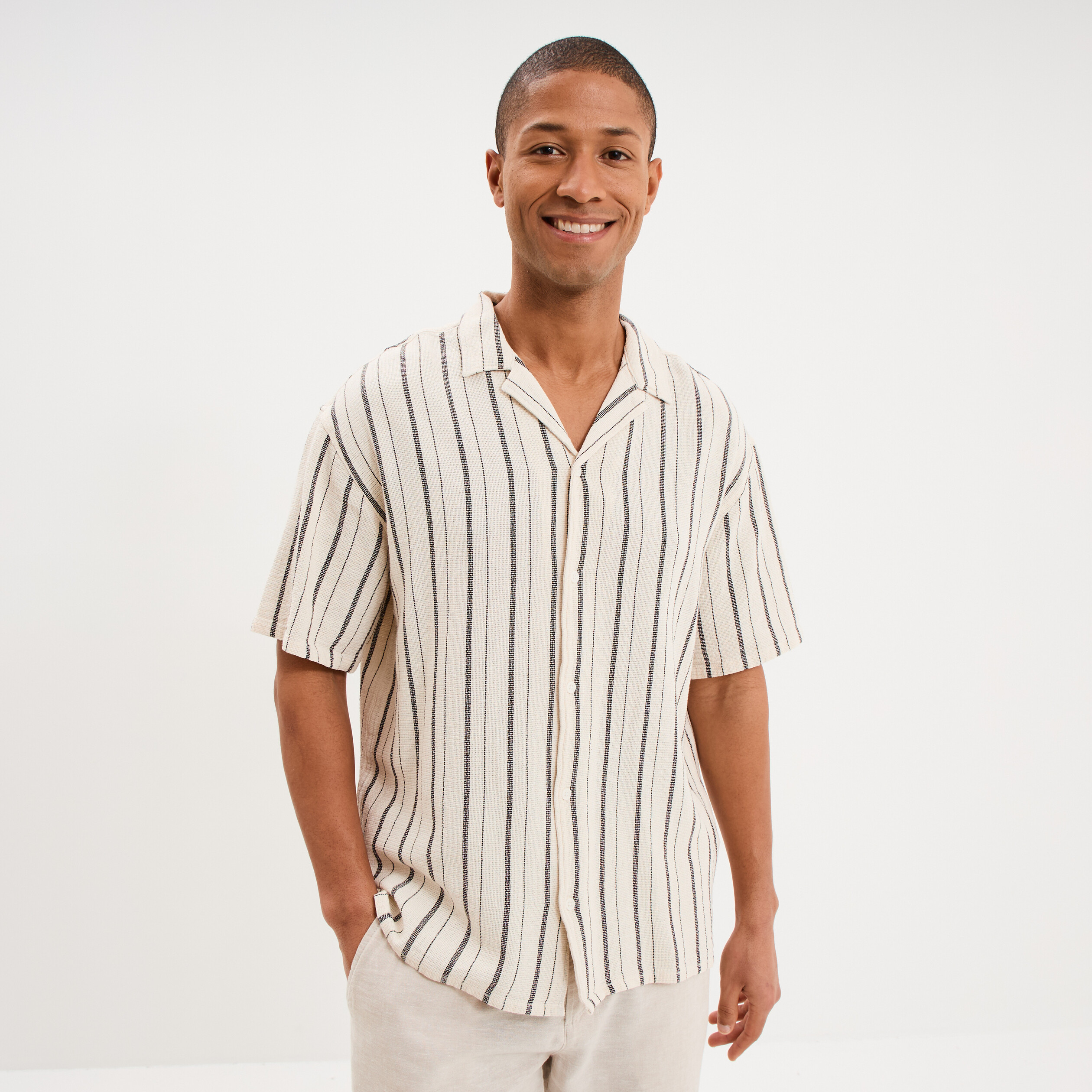 Chemise coton col cubain manches courtes ivoire homme