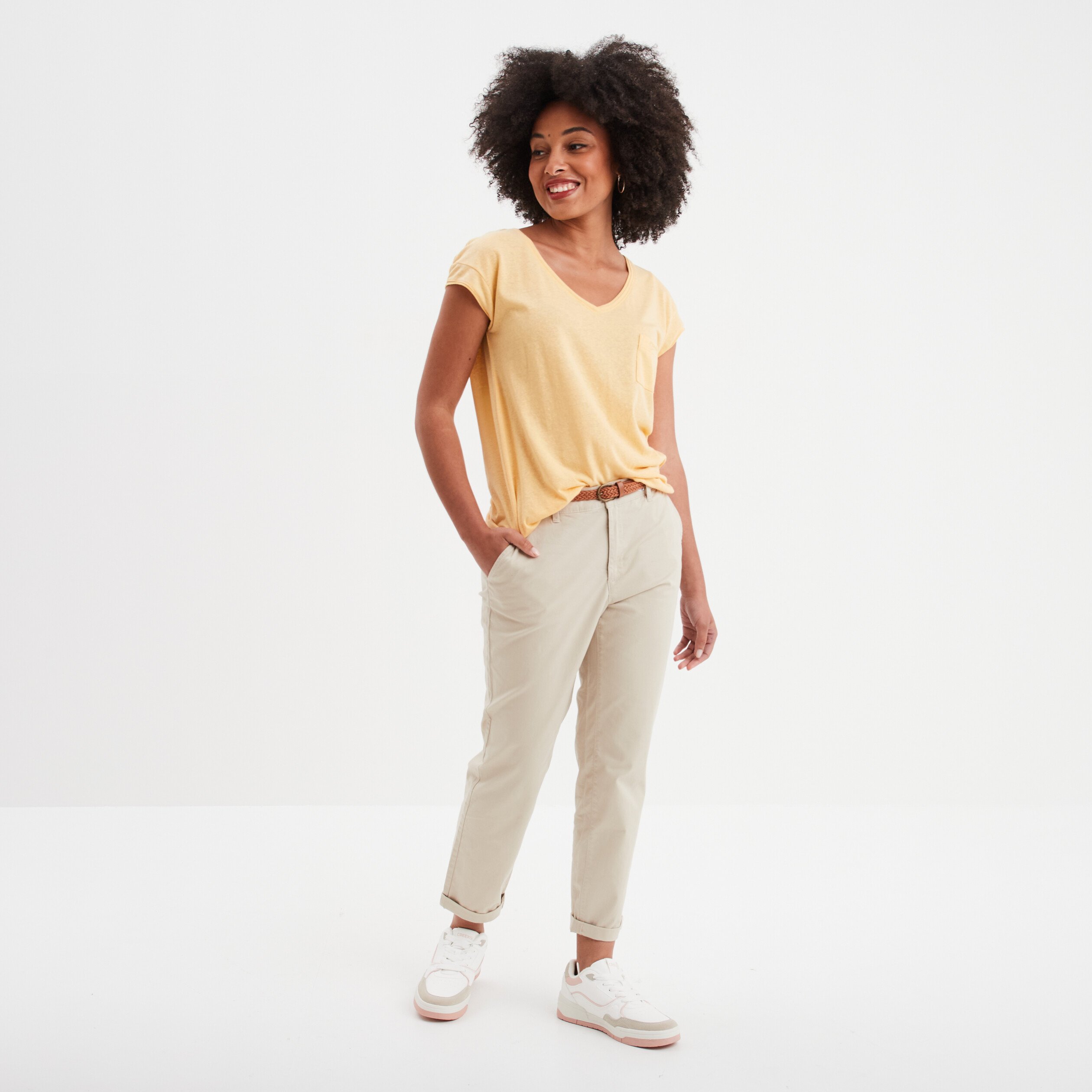 t shirt col v poche poitrine creeks jaune clair femme T-shirt col v poche poitrine Creeks jaune clair femme