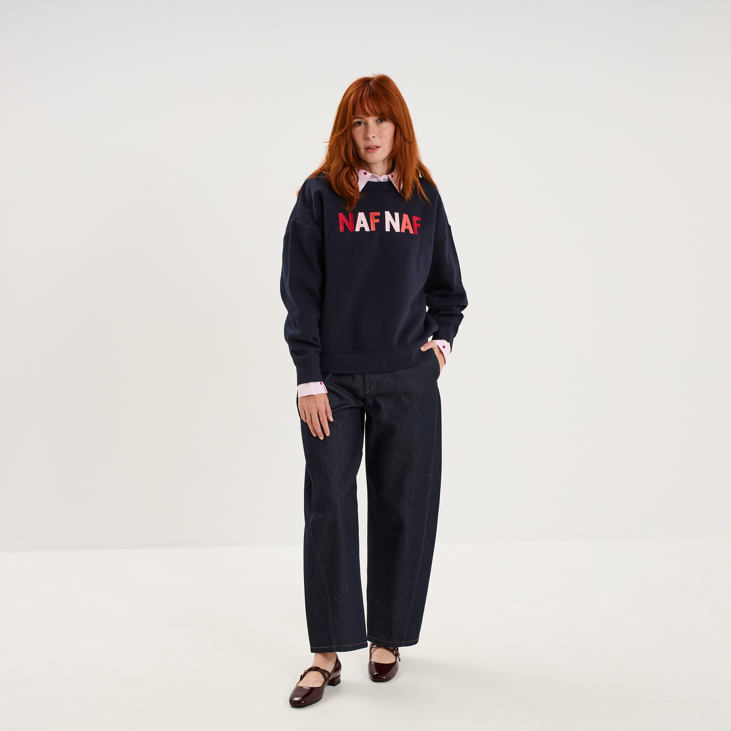 Sweat col rond logo oversize bleu fonc&eacute; femme
