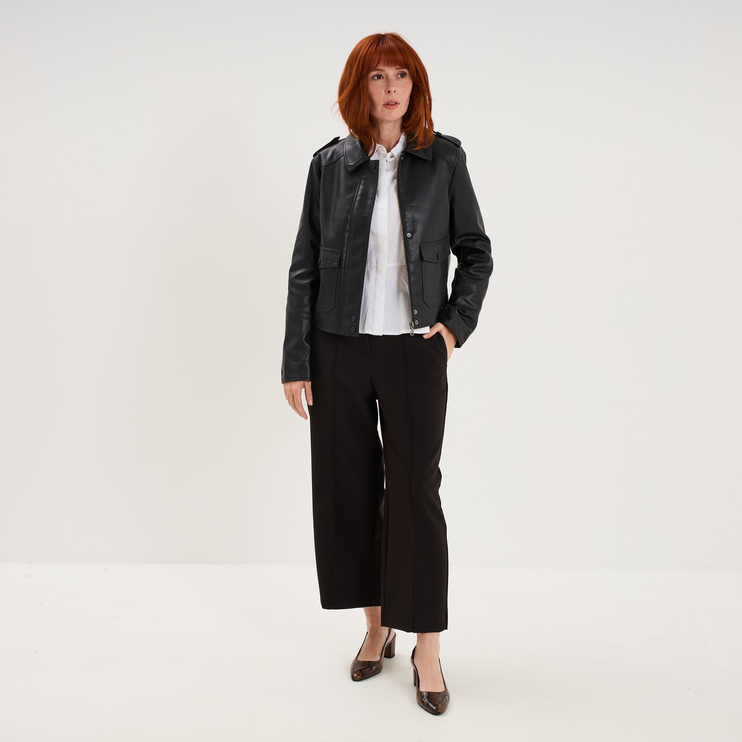 Pantalon droit cropped taille haute noir femme