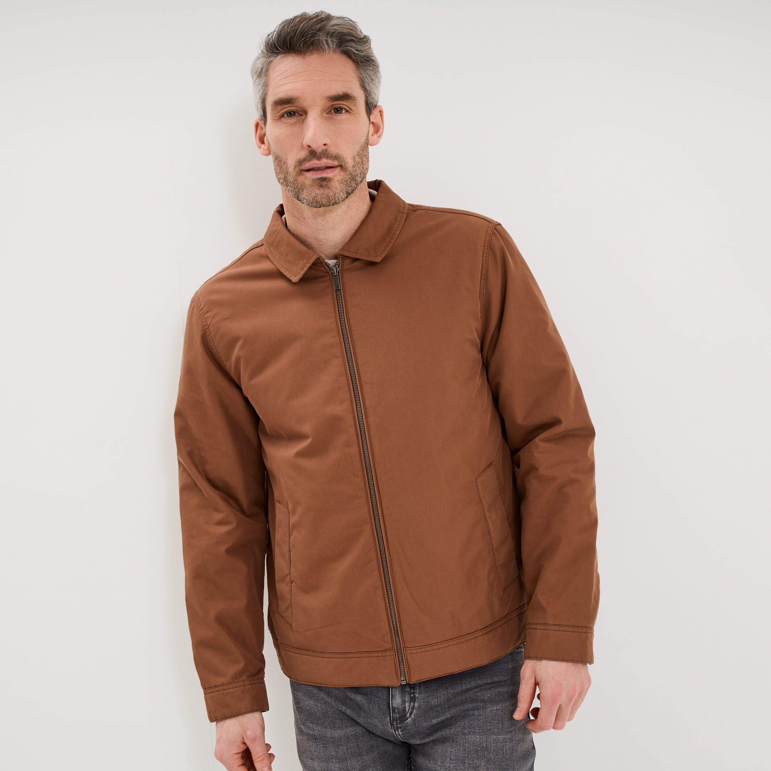 Blouson zipp&eacute; doubl&eacute; col &agrave; revers marron homme