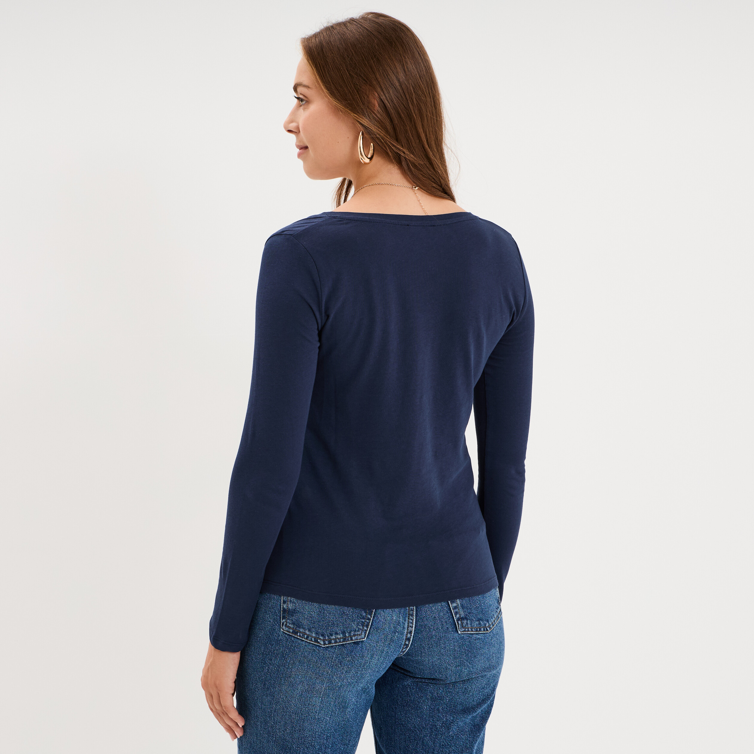 T-shirt col en V manches longues coton bleu marine femme