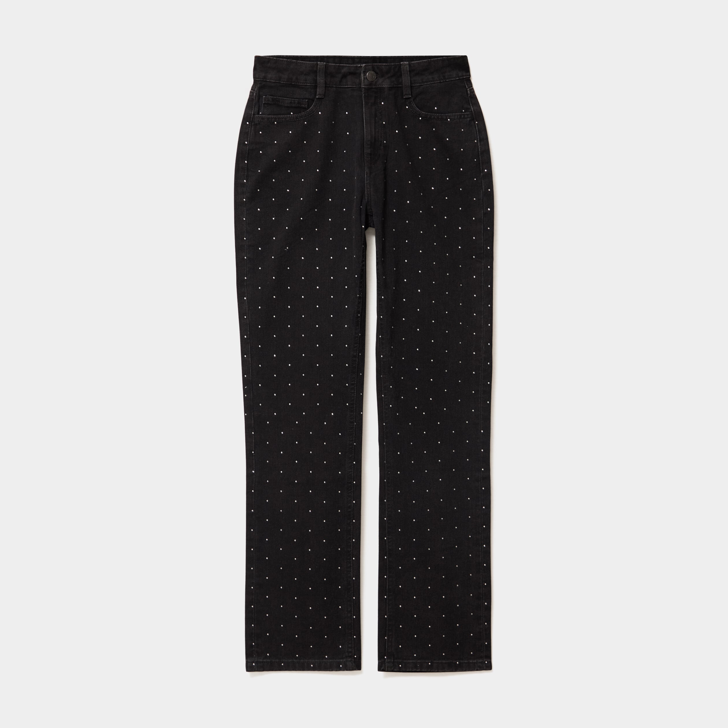 Jean droit &agrave; strass taille haute denim noir femme