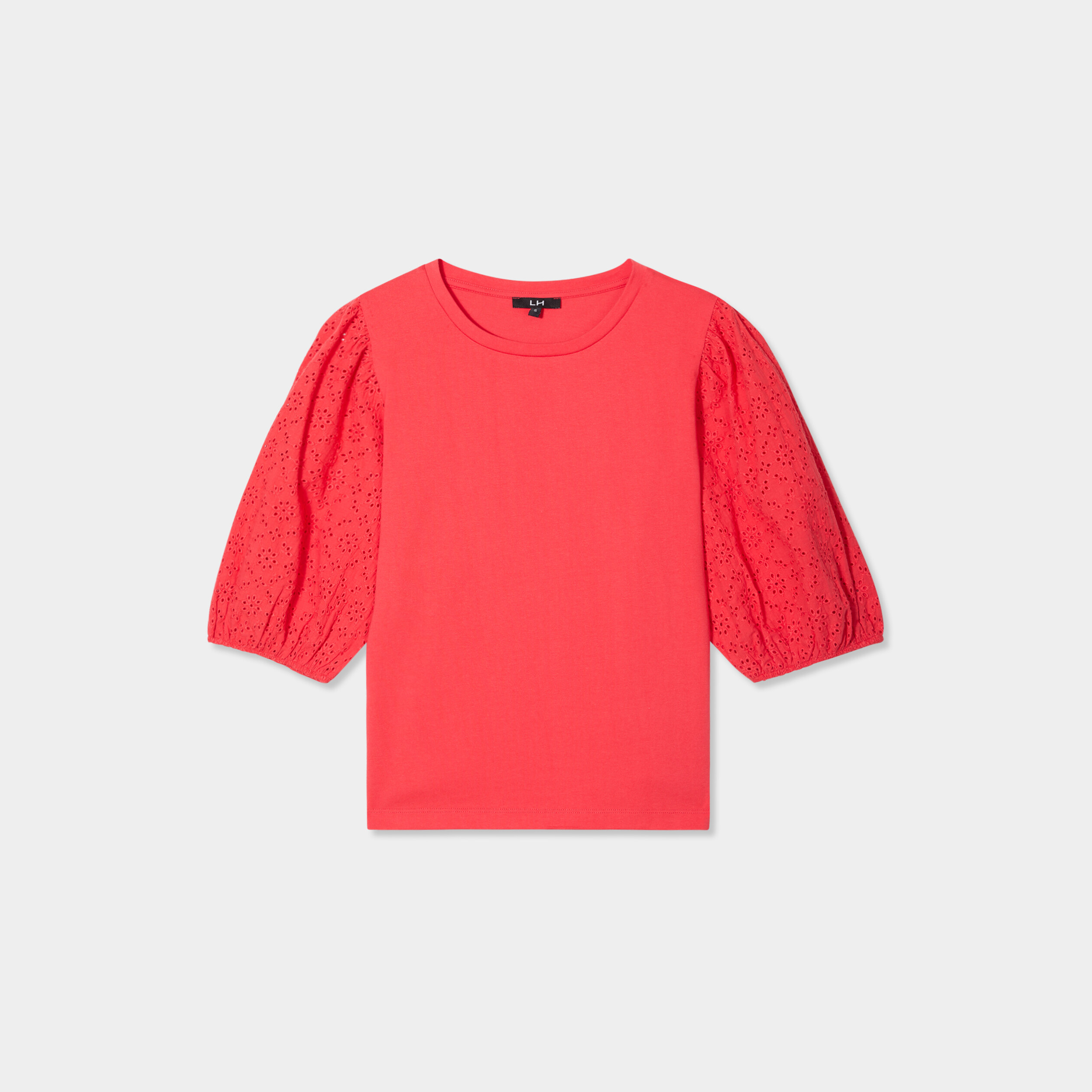 t shirt coton manches broderie anglaise rouge femme T-shirt coton manches broderie anglaise rouge femme