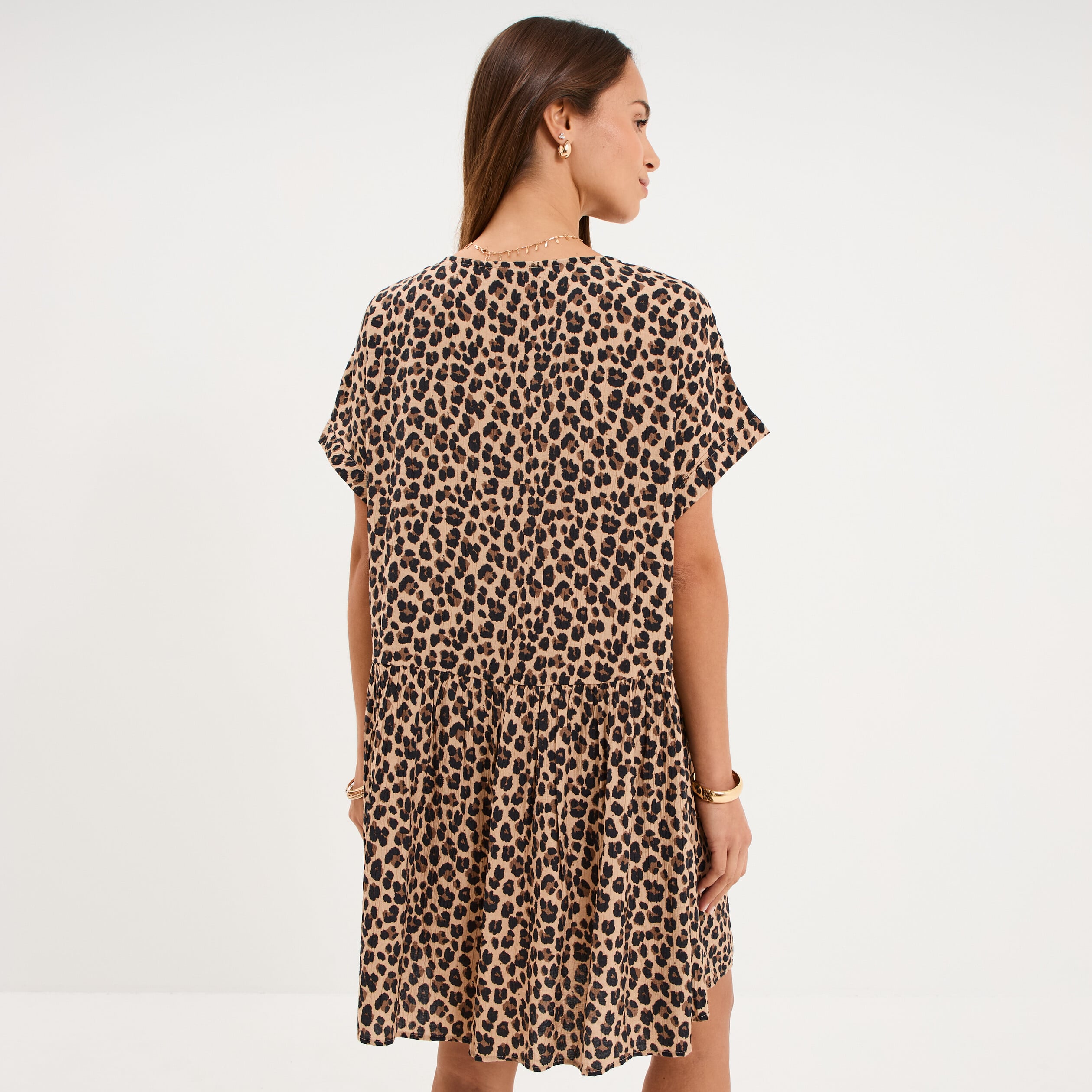 Robe courte fluide manches courtes beige clair femme