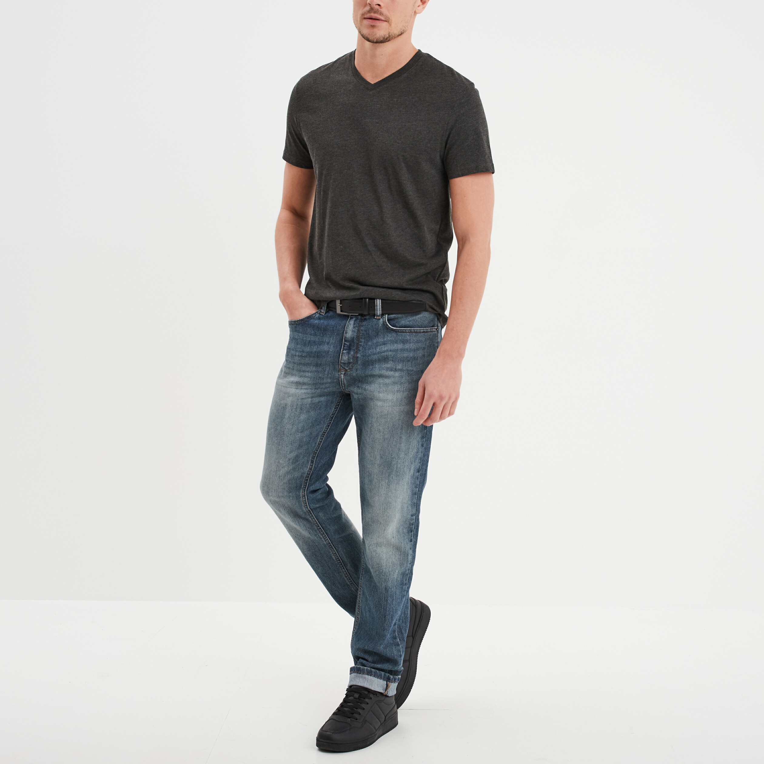 T-shirt droit col V gris foncé homme