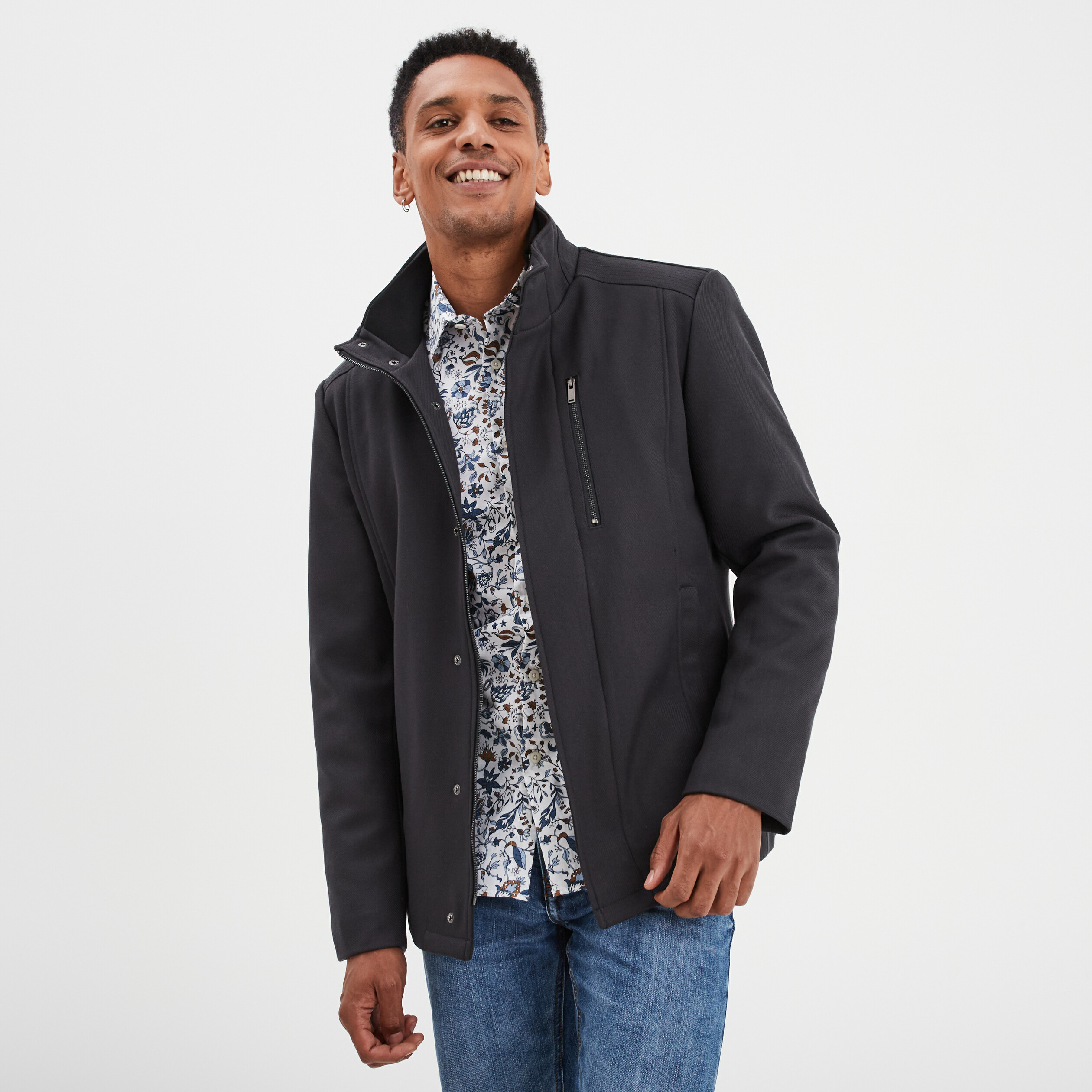 veste droite courte zippee col montant gris fonce homme Veste droite courte zippée col montant gris foncé homme