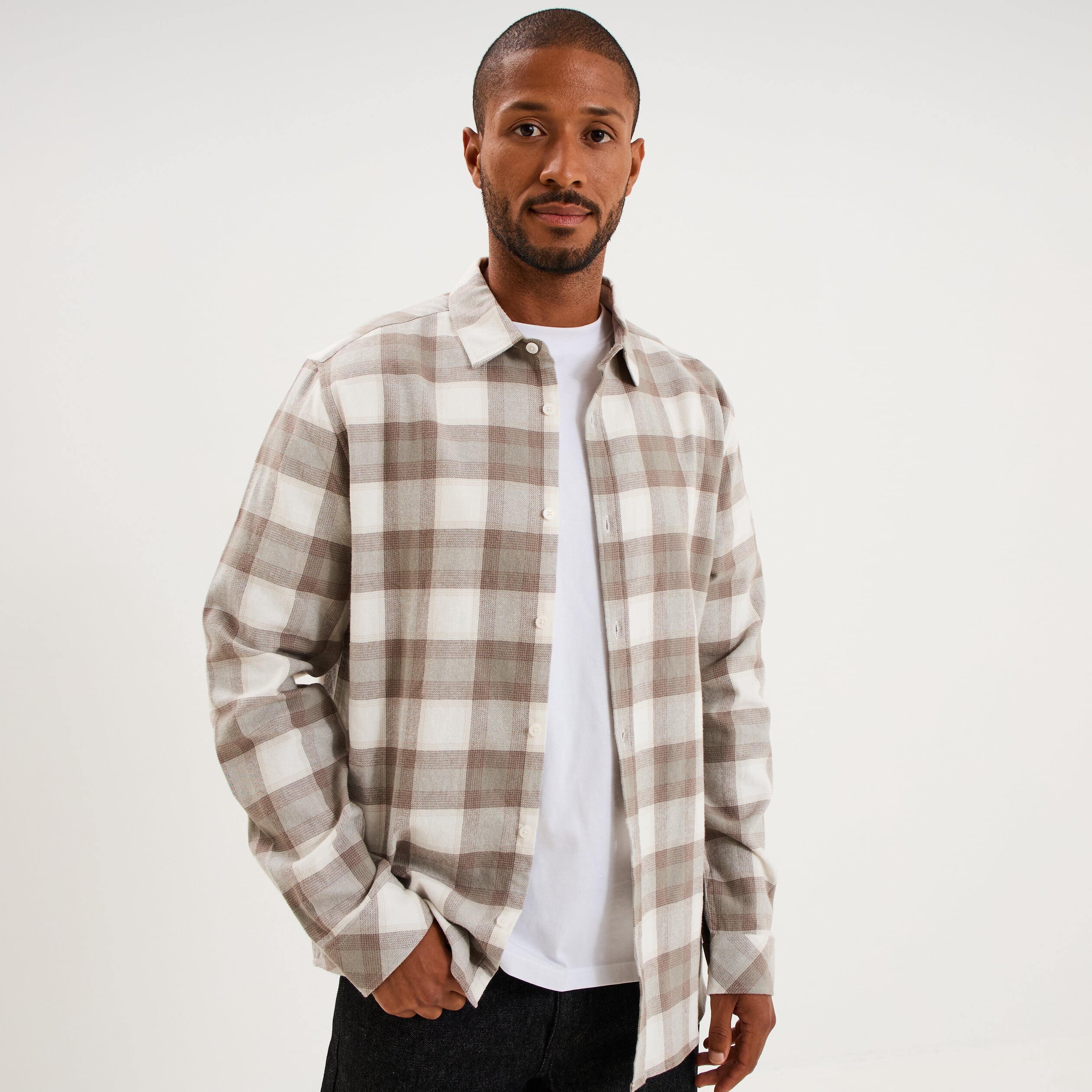 Chemise manches longues coton beige homme