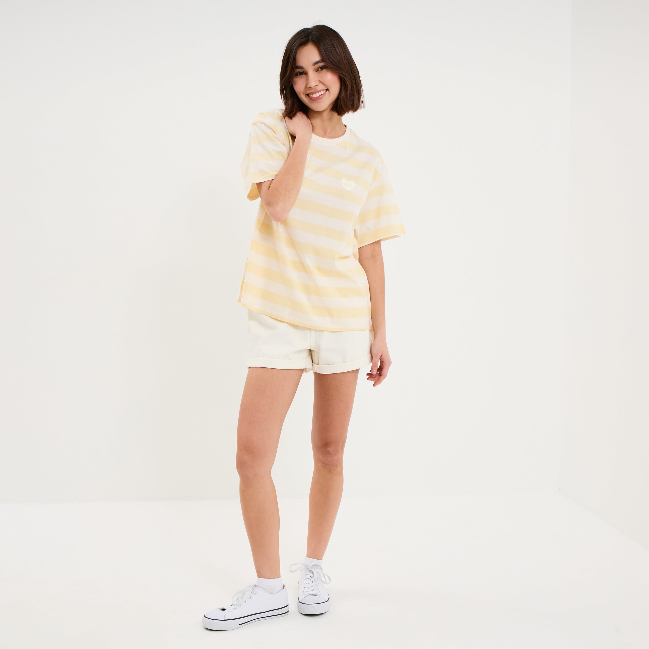 T-shirt droit &agrave; manches courtes coton jaune citron femme