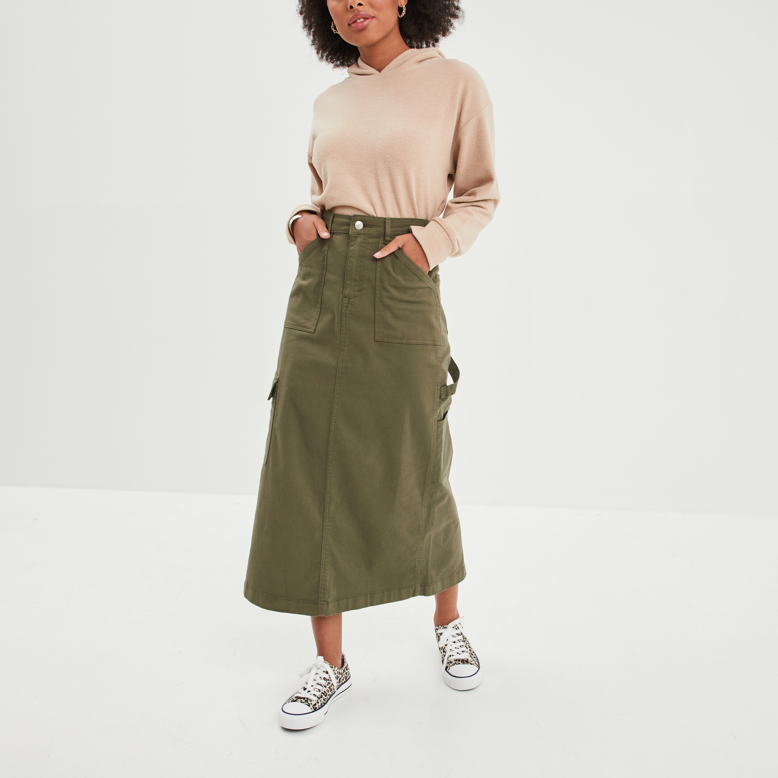 Jupe Longue En Lin Kaki - Taille 44 (XXL) - Style évasé - Occasion Très Bon état Comme Neuf