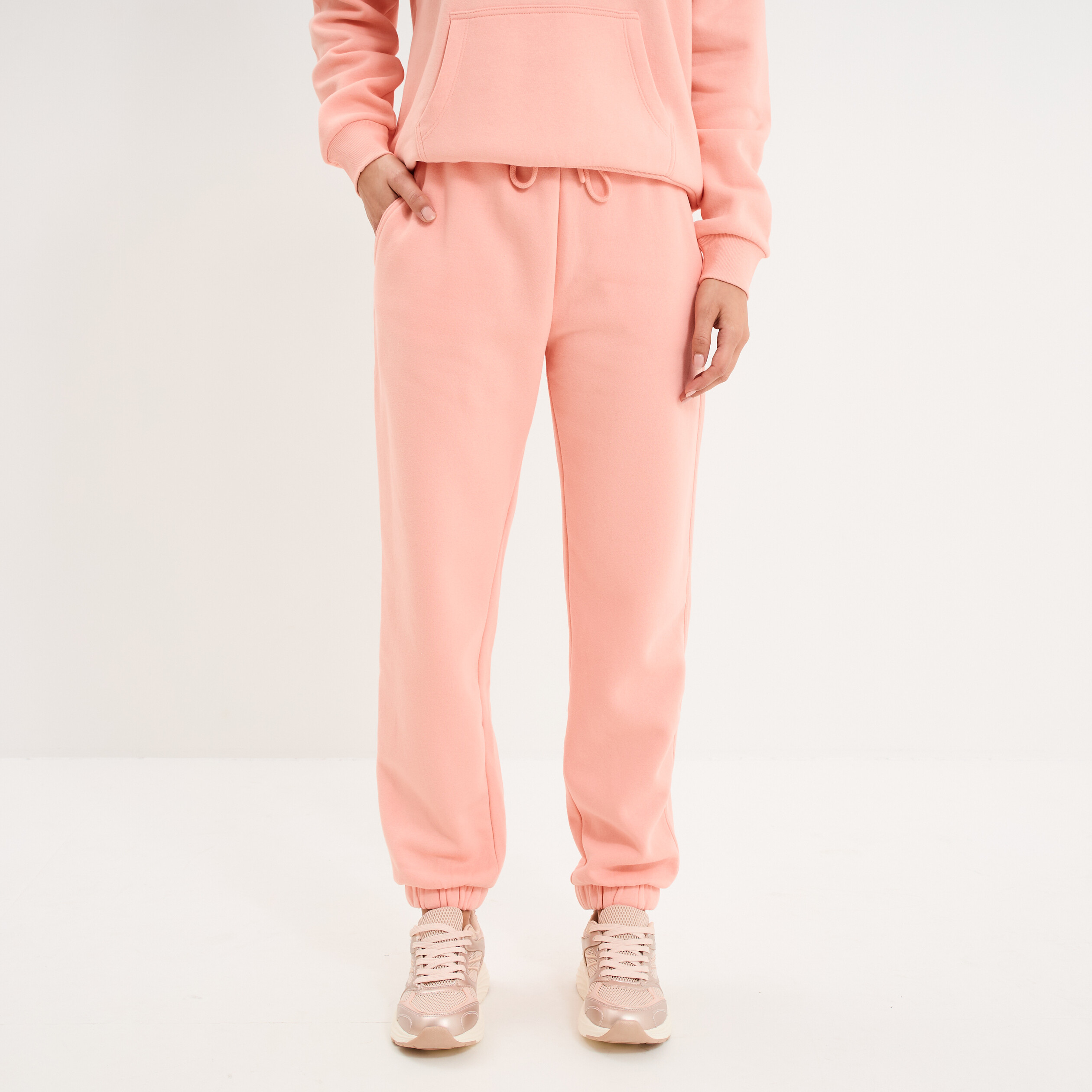 Pantalon jogging droit molleton rose poudr&eacute;e femme