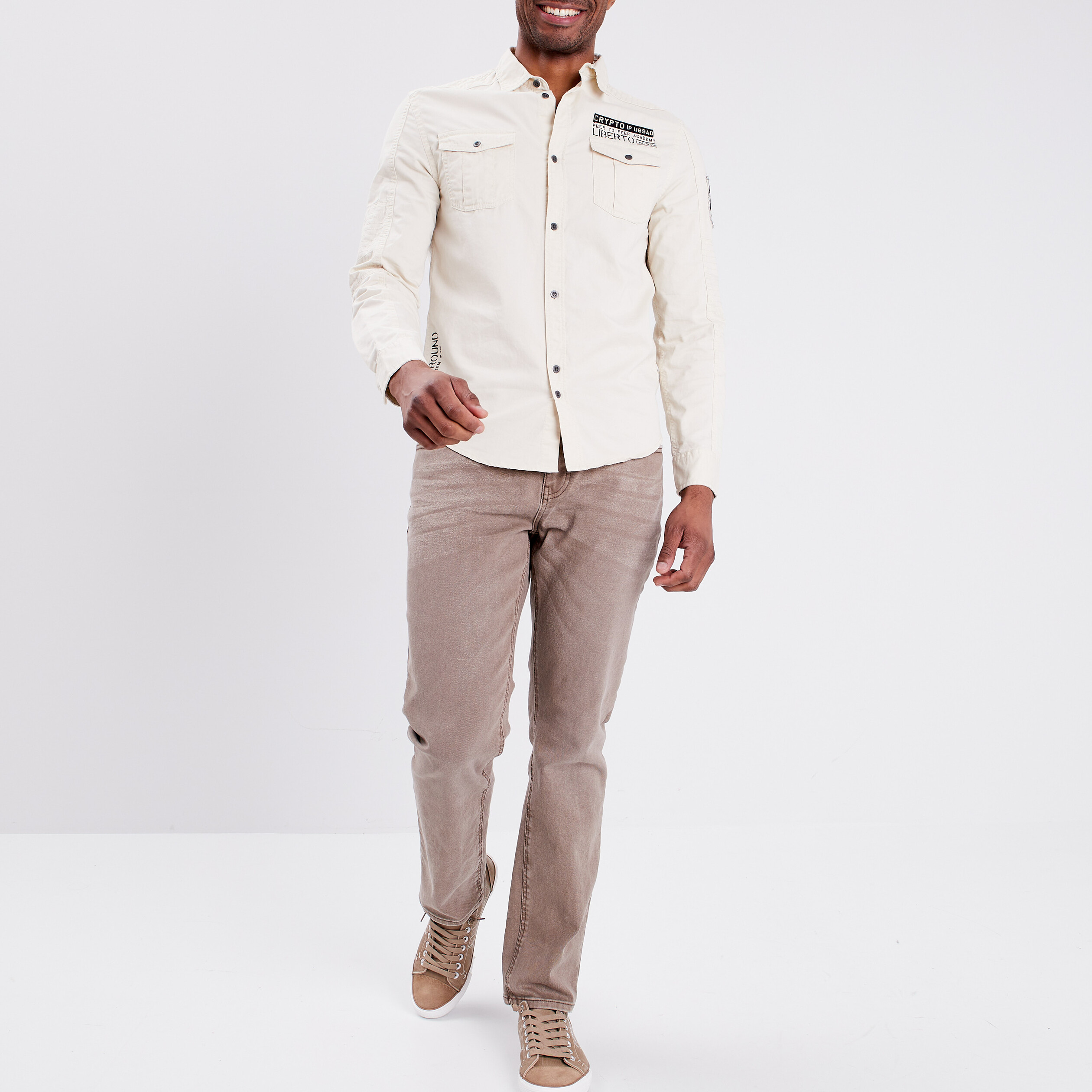 Chemise coton manches longues sable homme