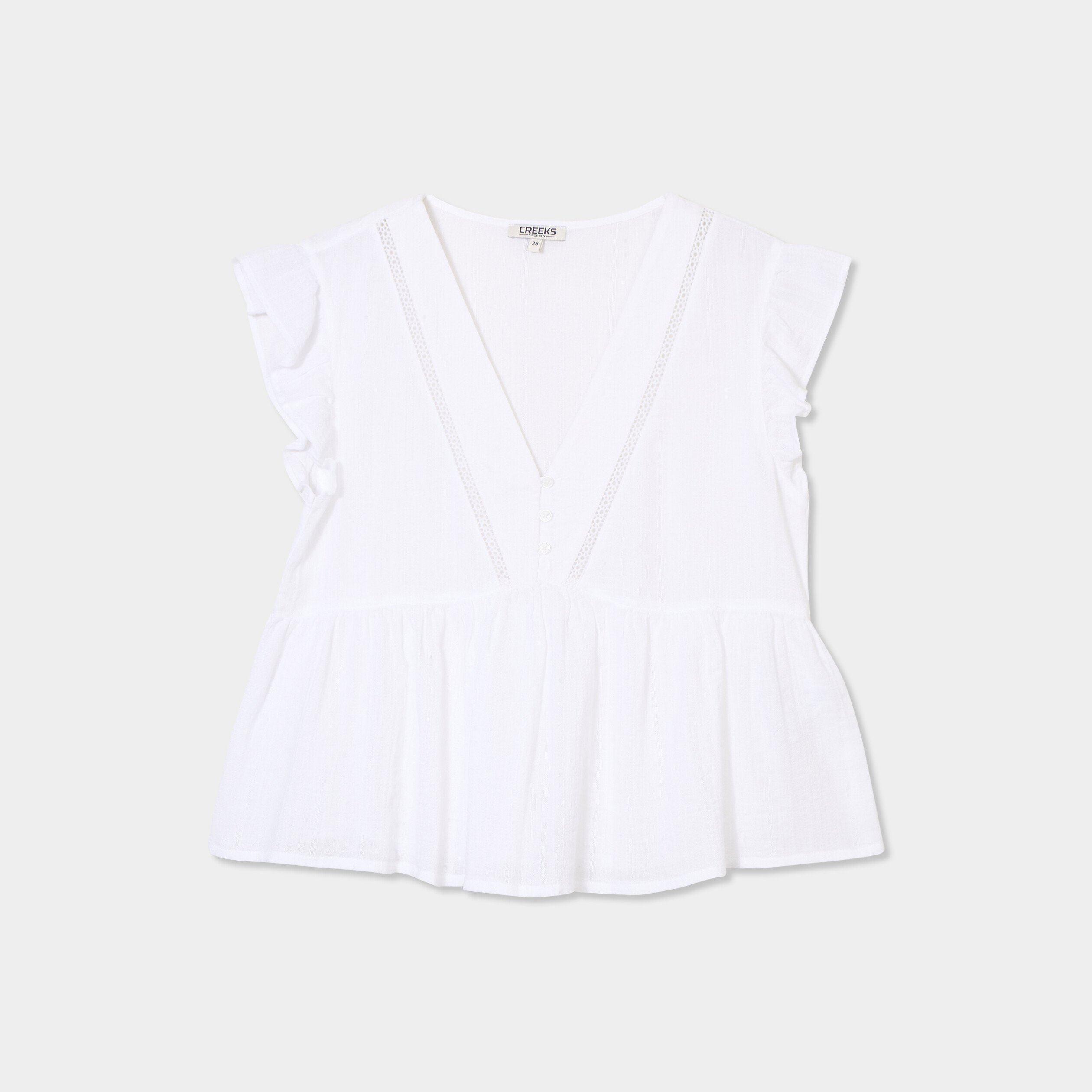 blouse manches volants col en v coton blanc femme Blouse manches volants col en V coton blanc femme