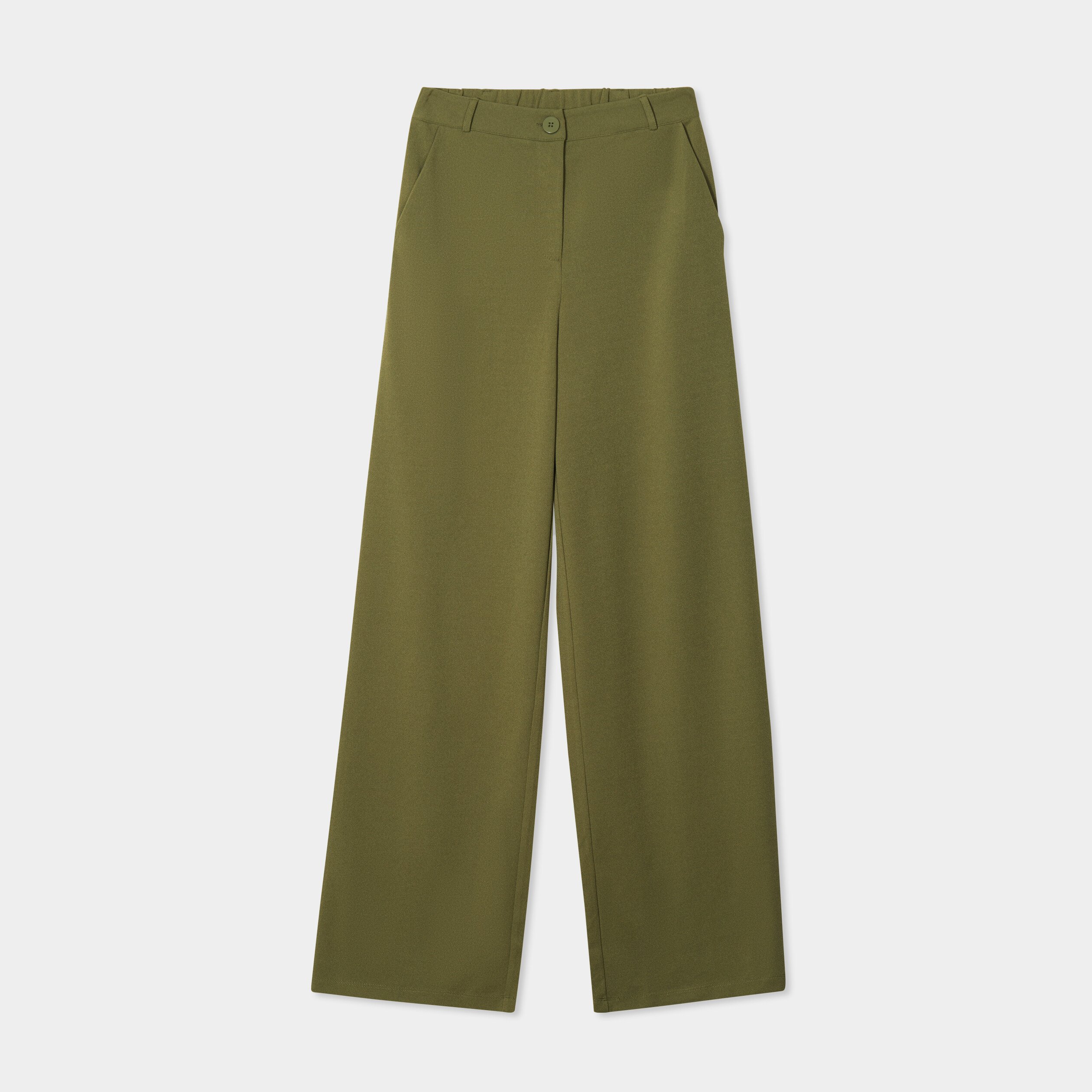 pantalon large fluide taille elastiquee vert kaki femme Pantalon large fluide taille élastiquée vert kaki femme